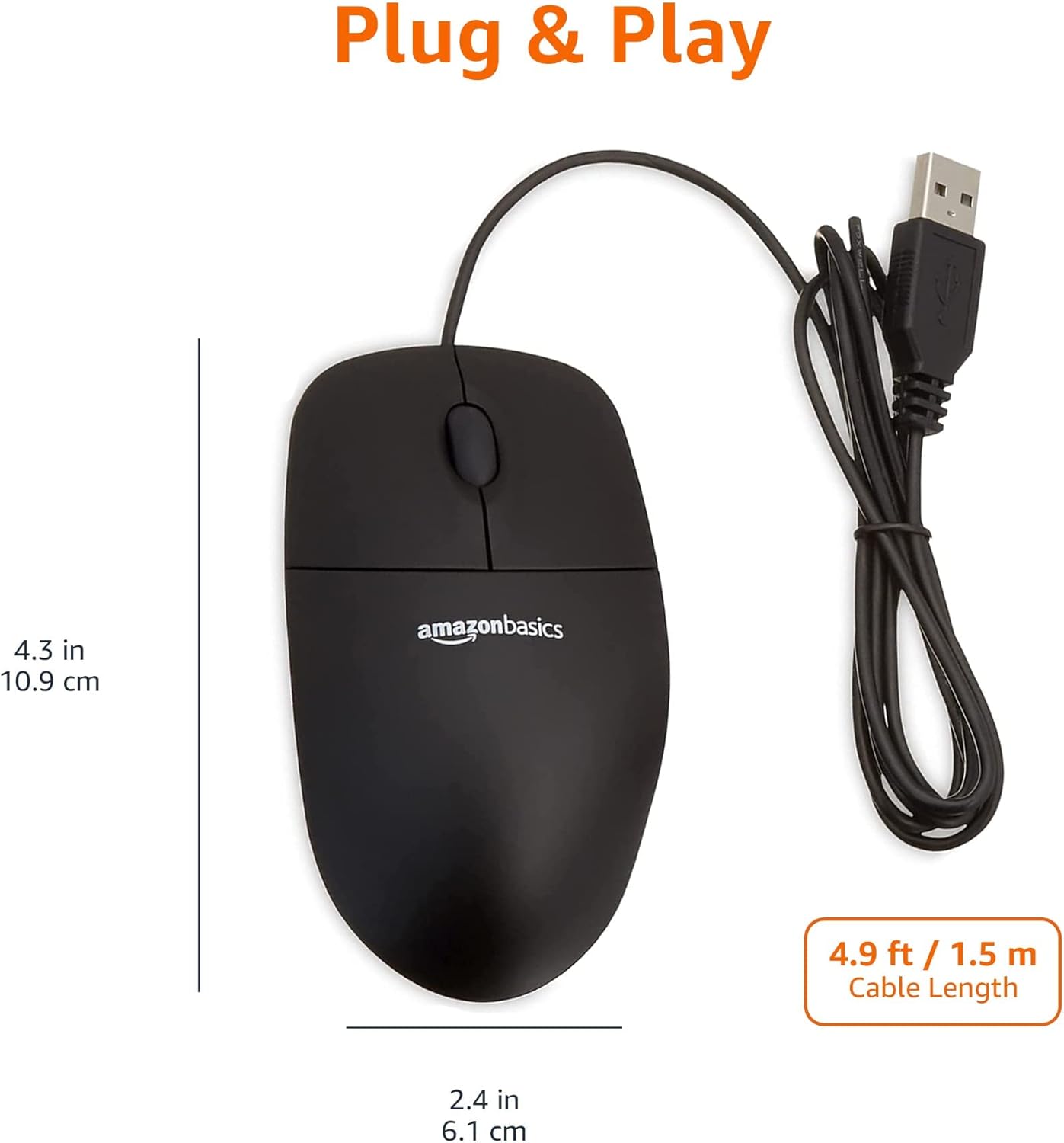Amazon Basics 3-Button USB Wired Mouse with Scrolling and Tracking - Standard, Black - Image 5