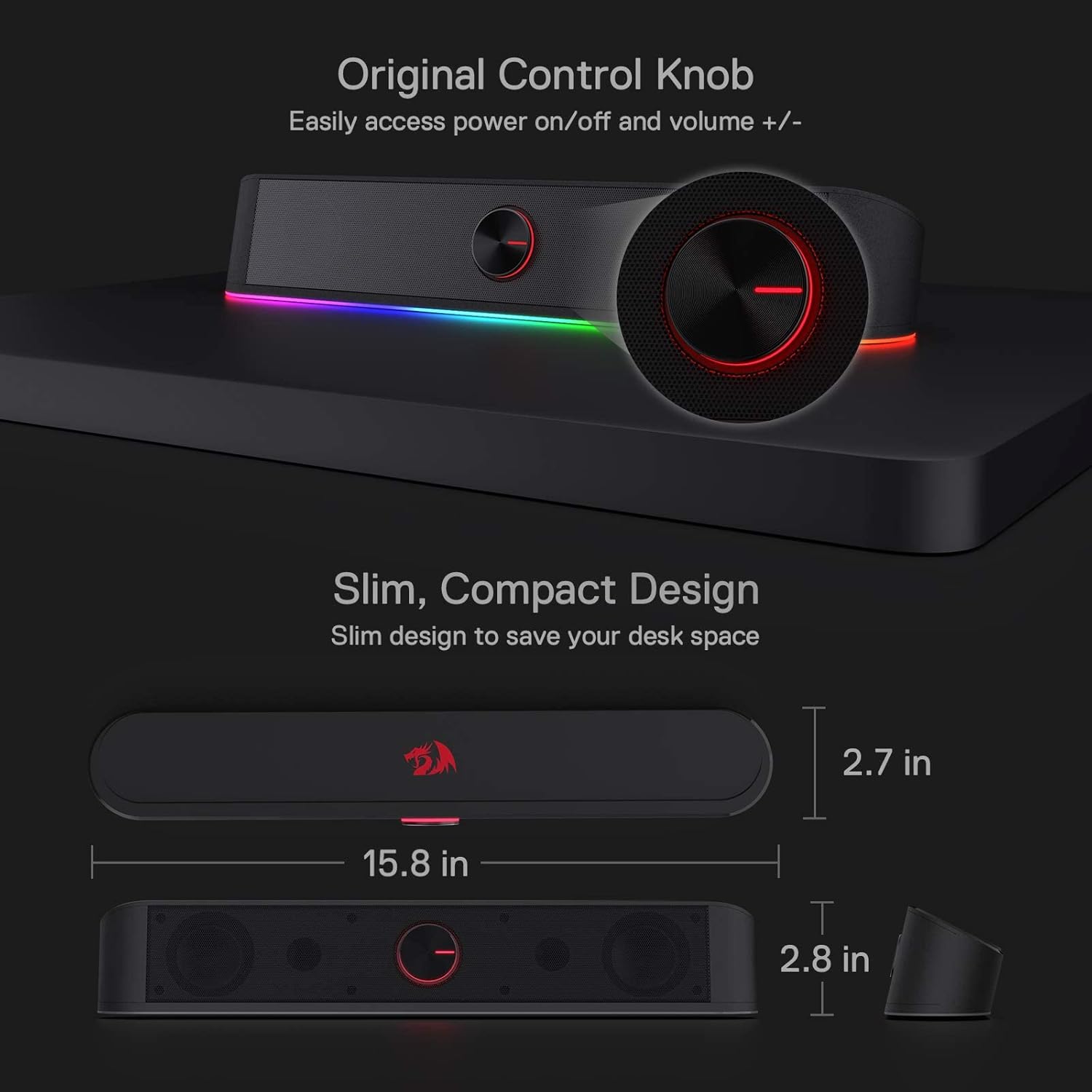 Redragon GS560 RGB Desktop Soundbar, 2.0 Channel Computer Speaker with Dynamic Lighting Bar Audio-Light Sync/Display, Touch-Control Backlit with Volume Knob, USB Powered w/ 3.5mm Cable, Black - Image 7