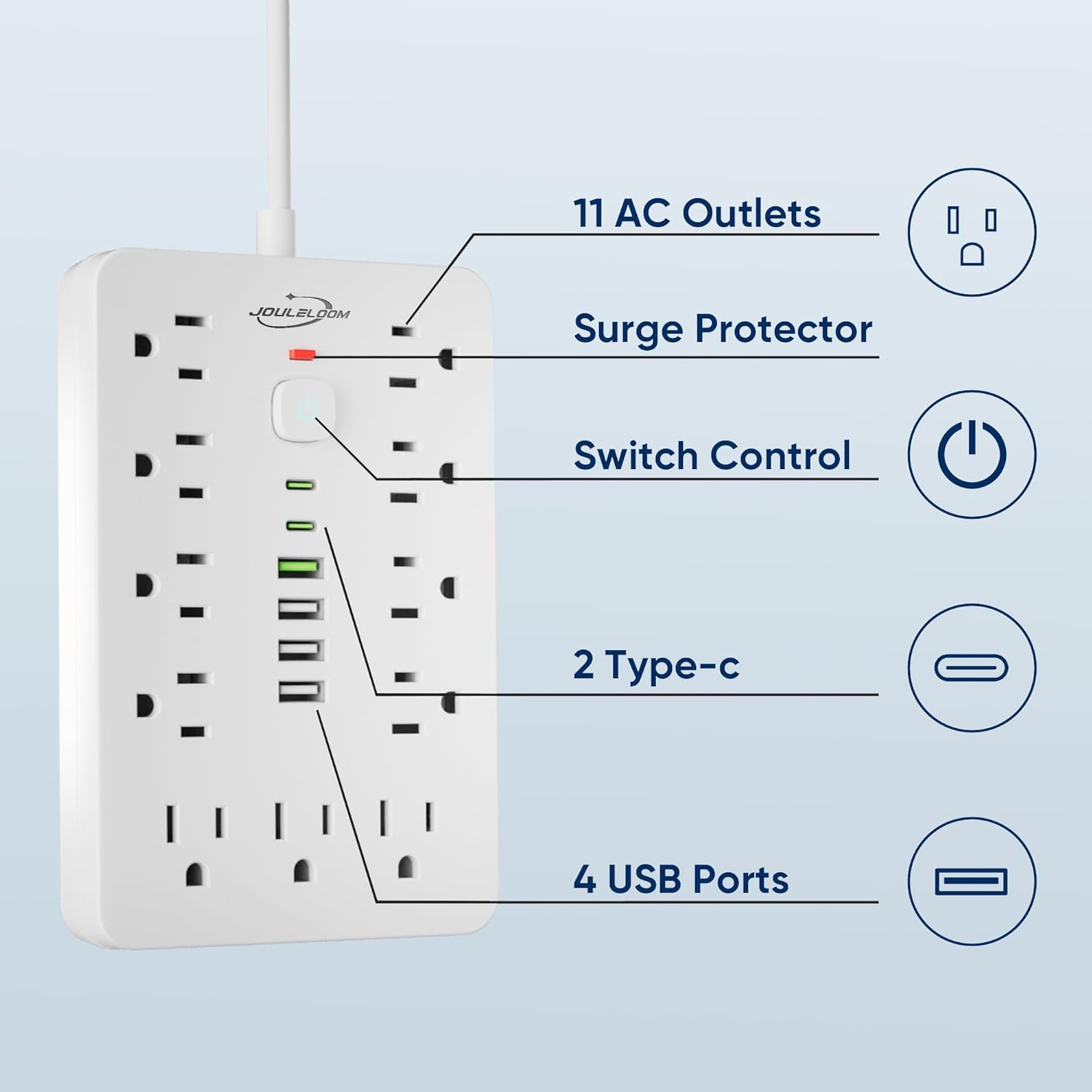 6 FT Flat Plug Surge Protector Power Strip,11 Multiple AC Outlets with 6 USB Ports (2 USB C), 6 Feet Extension Cord, 1250W/10A, One Touch Switch Button, 17 in 1 Compact powerstrip-White - Image 3