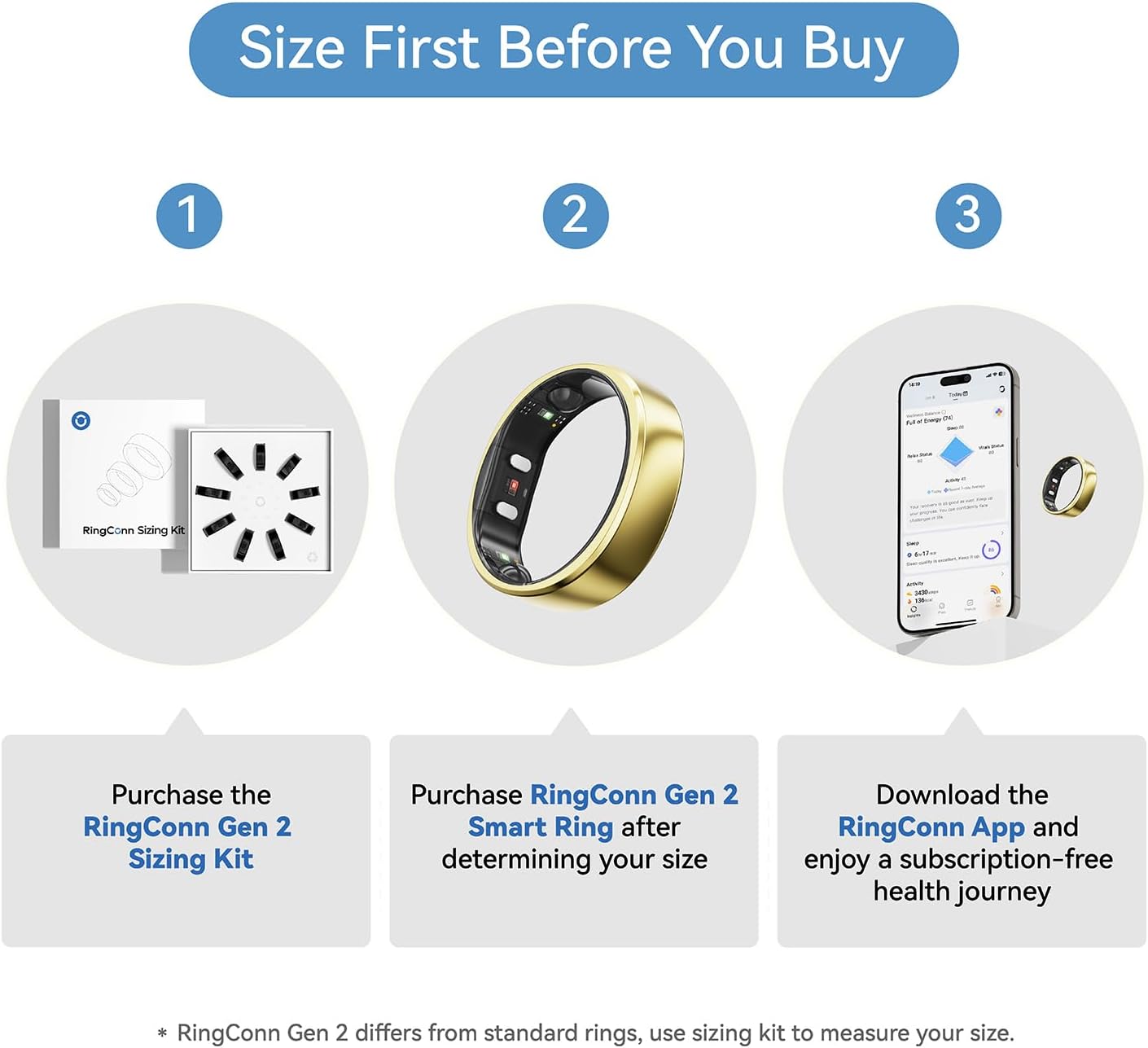 RingConn Gen 2 Smart Ring, No App Subscription, 12-Day Battery Life, Stress/Heart Rate/Women's Health Tracker, Android & iOS Compatible (Gold, Size 8) - Image 2