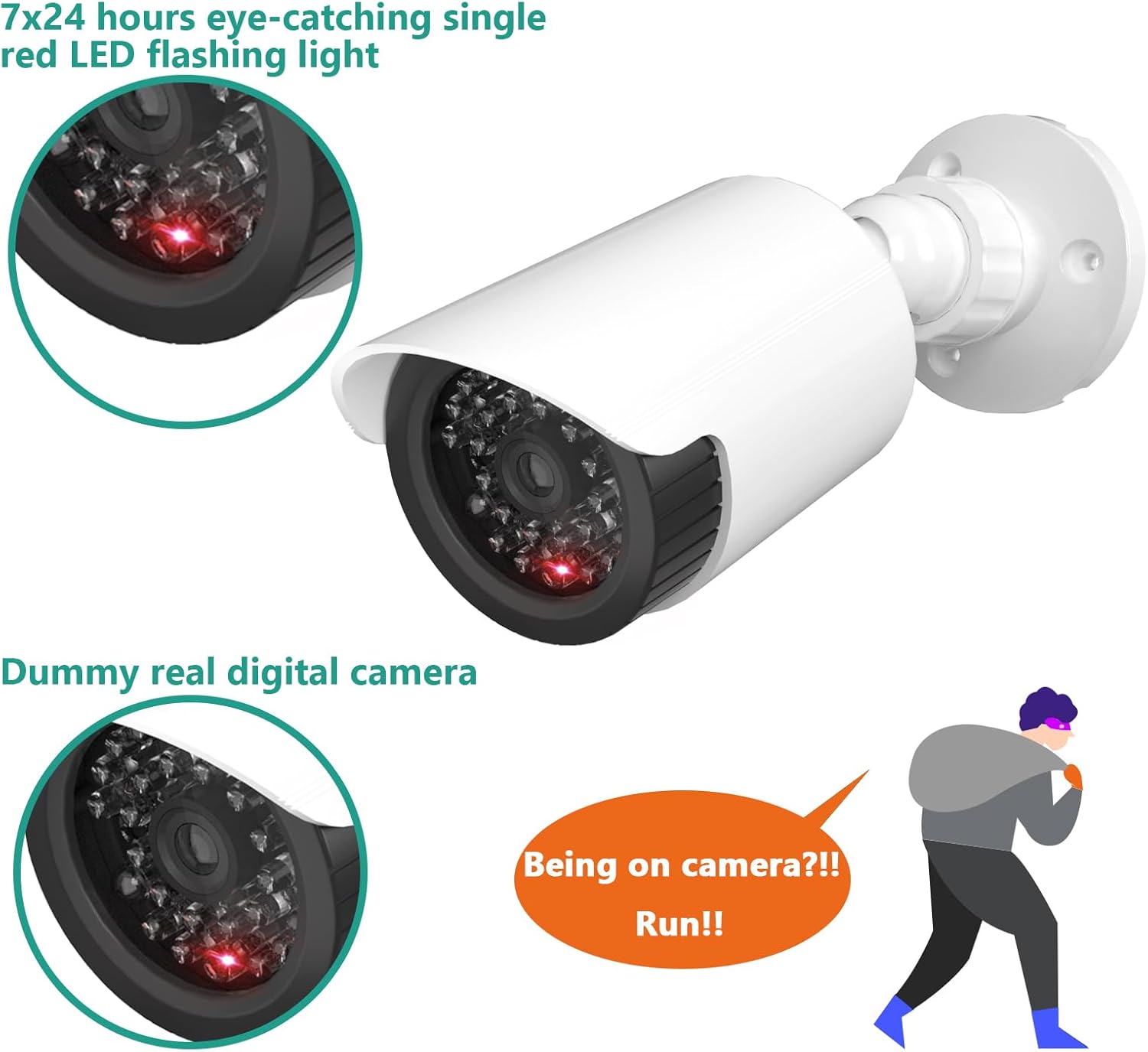 WALI Dummy Fake Camera, Surveillance Security CCTV Dome Camera, Indoor Outdoor Cameras, with One LED Light, Security Alert Sticker Decals (TC-W2), 2 Pack, White - Image 2
