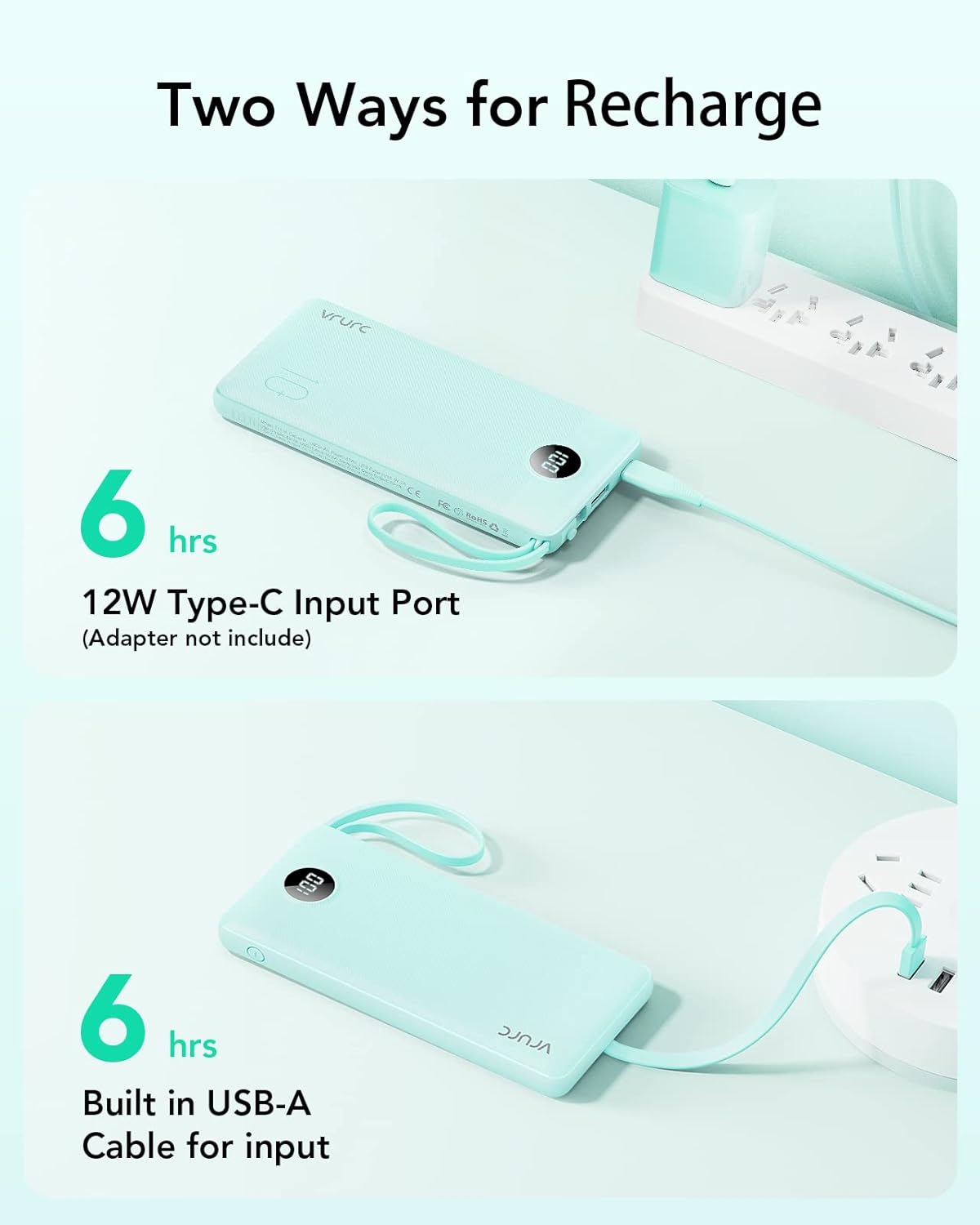 VRURC Portable Charger for iPhone, Compact Travel Power Bank 10000mAh, USB C Battery Pack 4 Outputs 3 Inputs, Slim Phone Charger with Cables for iPhone 17 16 15 14 13,Samsung Galaxy-Green(1 Pack) - Image 6