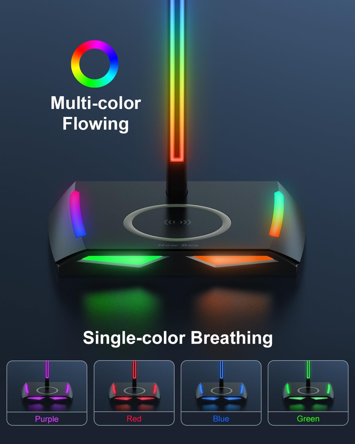 New Bee RGB Headphone Stand with 2 USB-C & 1 USB Charging Ports, Desk Gaming Headset Holder with 7 Light Modes and Non-Slip Rubber Base Suitable for All Earphone Accessories - Image 2