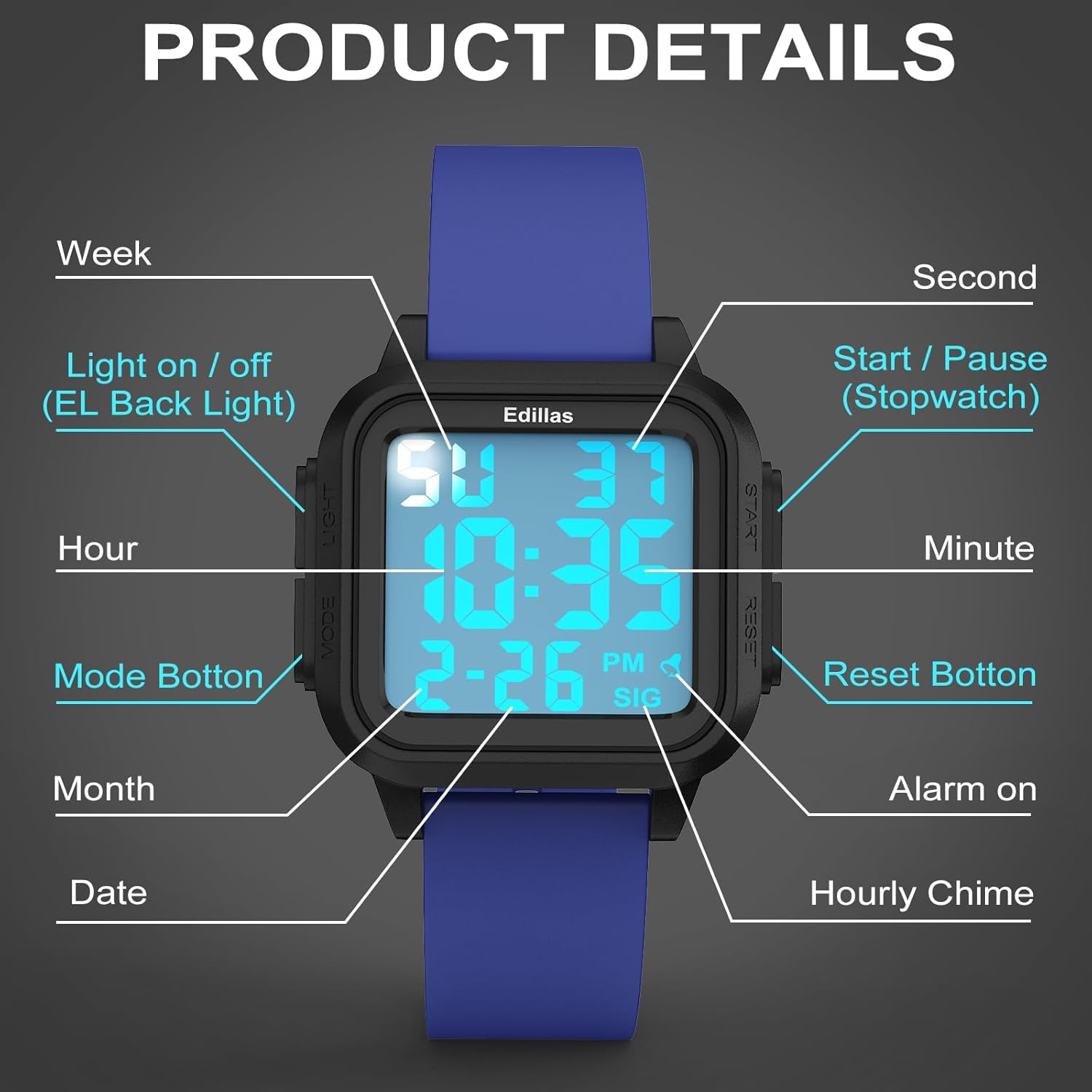Edillas Square Sport Watch Digital for Women's Men's (Big Numbers Large Face 5ATM Waterproof Alarm Stopwatch Date Week Military Back Light) Watch for Teenagers - Image 5