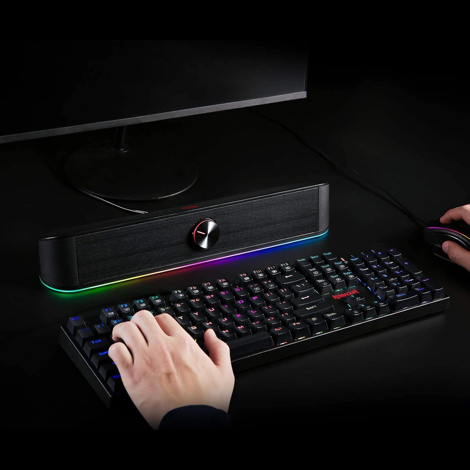 Redragon GS560 RGB Desktop Soundbar, 2.0 Channel Computer Speaker with Dynamic Lighting Bar Audio-Light Sync/Display, Touch-Control Backlit with Volume Knob, USB Powered w/ 3.5mm Cable, Black - Image 8