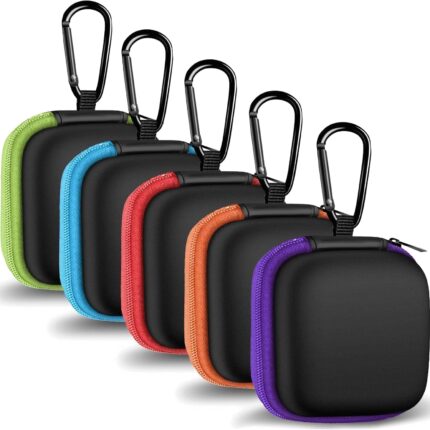 MOLOVA Earbud Case Portable EVA Carrying Case Storage Bag Cell Phone Accessories Organizer with Carabiner for Wired/Wireless Headphones, SD Memory Card, Camera Chips(Square, 5 Pack)