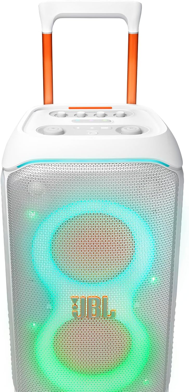 JBL PartyBox Stage 320 - Portable Party Speaker with Telescopic Handle & Wide, Sturdy Wheels, Powerful JBL Pro Sound, Futuristic lightshow, Up to 18 Hours of Play time, Splash Proof (White) - Image 9