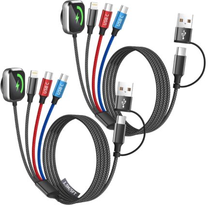 Dual Type-C Port 4 in 2 Multi Charging Cable for iWatch Charger/iPhone 17/Lightning, Travel Charger for Multiple Devices, iPhone 17 Charger for iWatch Ultra/SE/11-2, iPhone16-8, iPad - 2Pcs 5FT