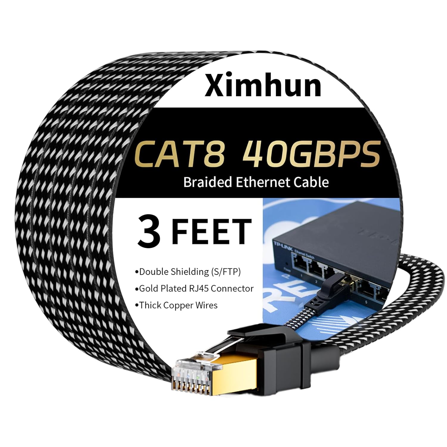 Cat 8 Ethernet Cable 3FT, 6FT 10FT 15FT 20FT 25FT 30FT 40FT 50FT 60FT 75FT 100FT High-Speed Braided Internet Cable Network Cord with RJ45 Connector 40Gbps 2000Mhz Heavy Duty LAN Cable Shielded Indoor