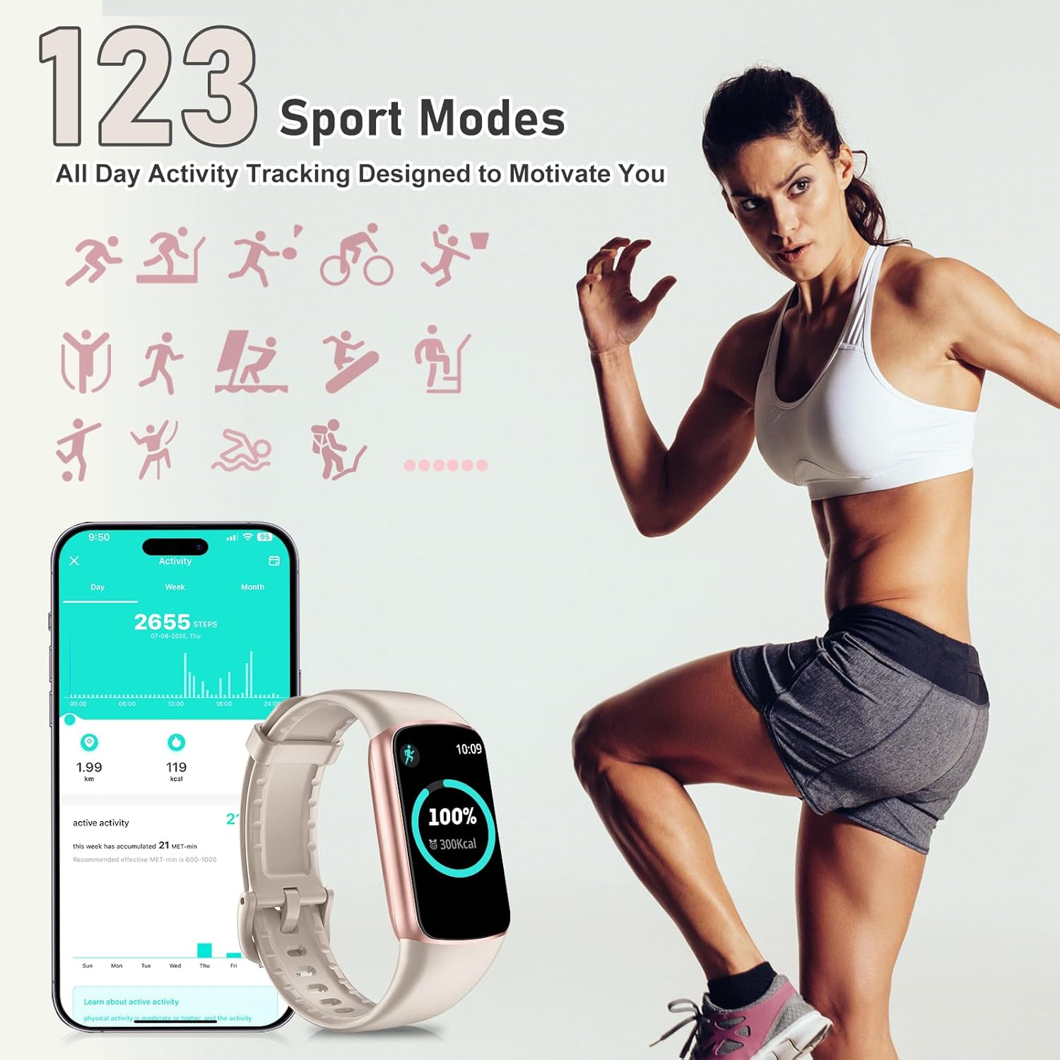 Fitness Tracker with 24/7 Heart Rate, Blood Pressure Blood Oxygen Sleep Monitor, 123 Sports Modes Calories Smart Watch,IP68 Waterproof Step Counter Activity Trackers Pedometer for Women Men - Image 4