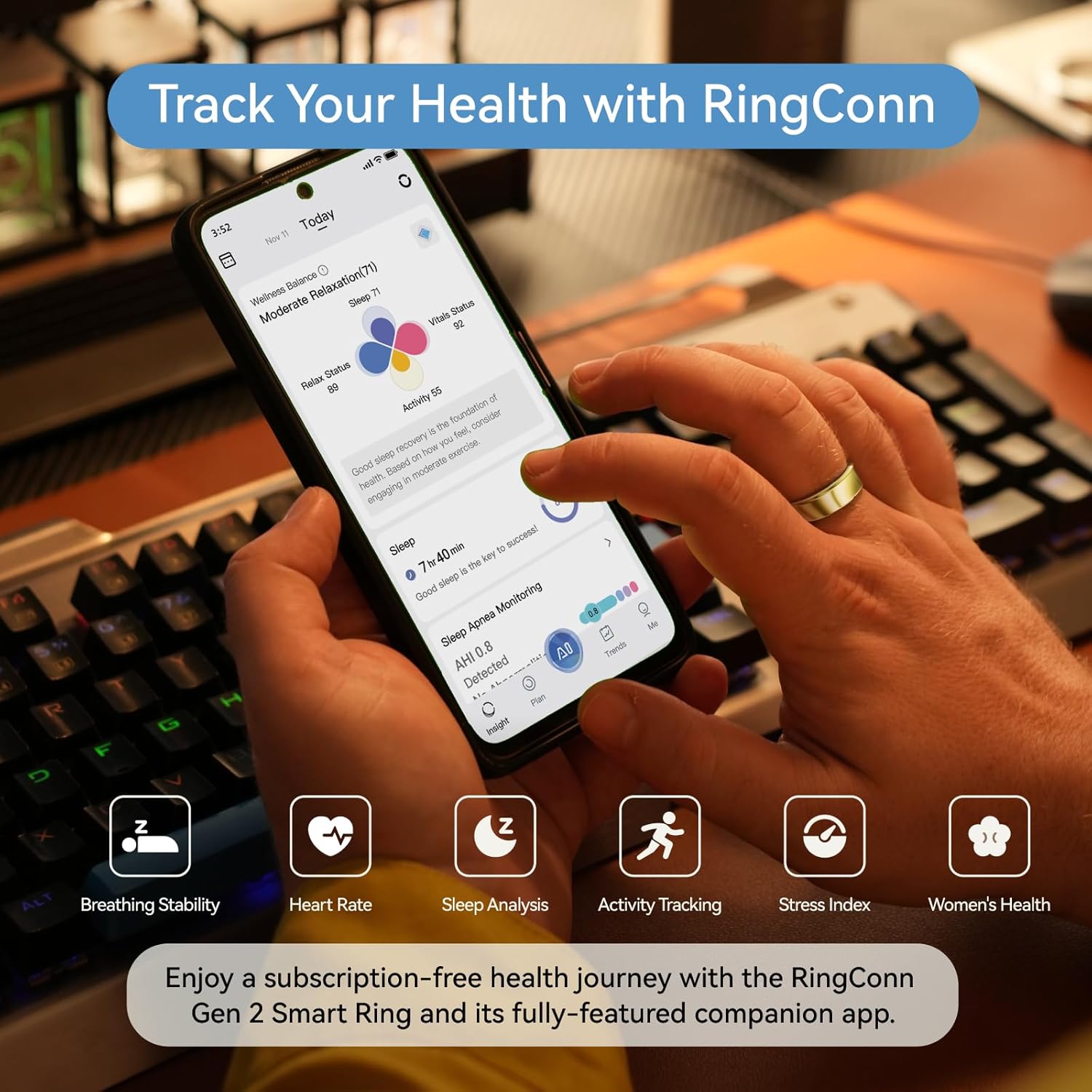 RingConn Gen 2 Smart Ring, No App Subscription, 12-Day Battery Life, Stress/Heart Rate/Women's Health Tracker, Android & iOS Compatible (Gold, Size 8) - Image 3