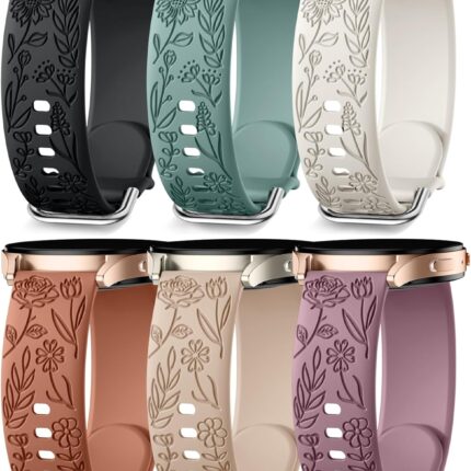 SNBLK 6 Pack Floral Engraved Bands Compatible with Samsung Galaxy Watch 7 Band 6 5 4 Active 2 FE 40mm 44mm/Watch 6/4 Classic/5 Pro/3, 20mm Cute Flower Silicone Sport Strap for Samsung Watch Bands Women