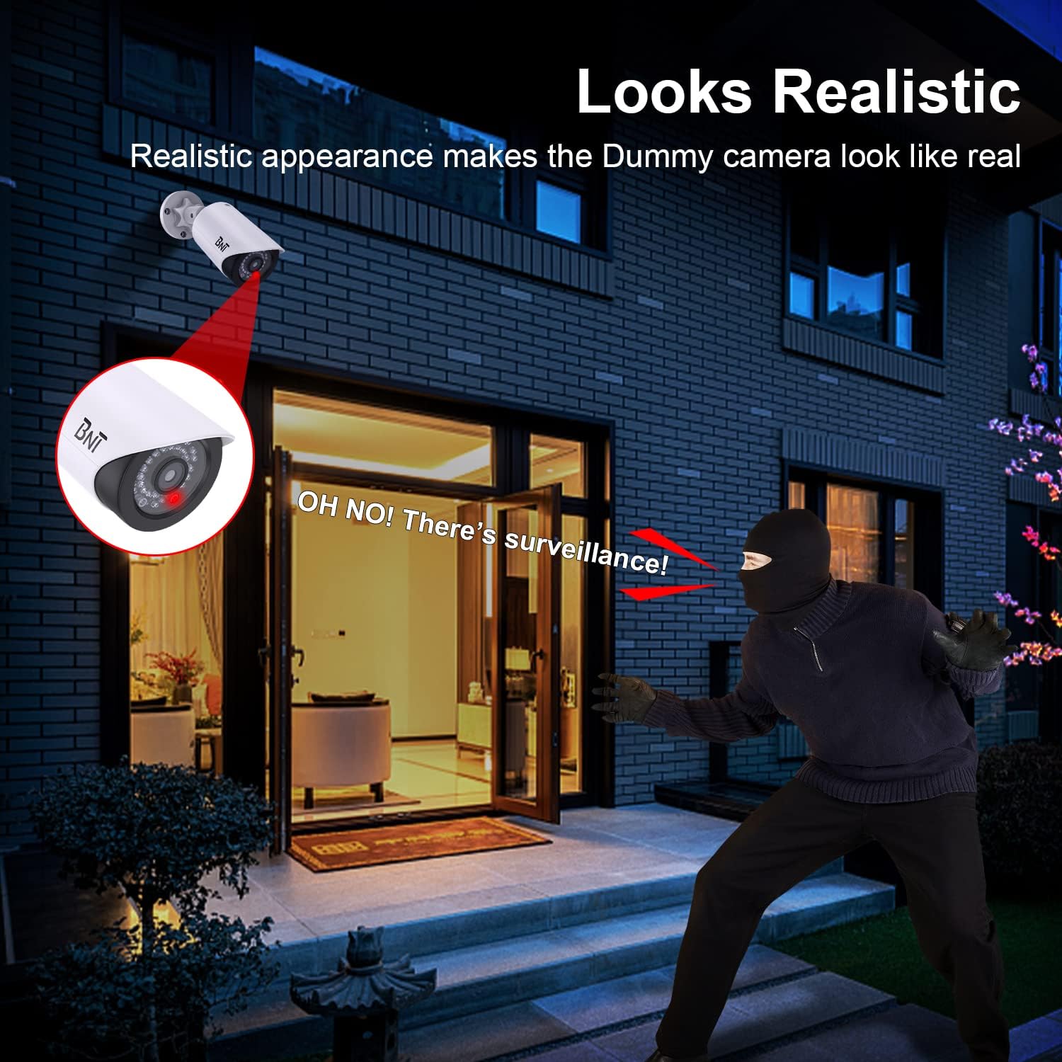 BNT Dummy Fake Camera, Surveillance Security CCTV Dome Camera, with One LED Light, Security Alarm Sticker Label (TC-W2), Security Camera Suitable for Indoor/Outdoor (2 Pack, White) - Image 6