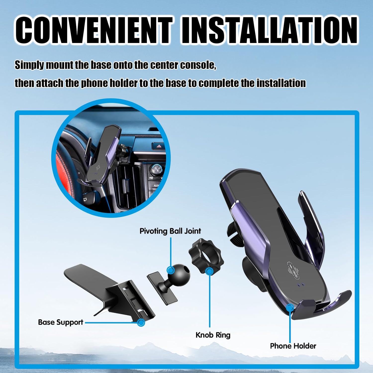Car Phone Mount for Toyota RAV4 2013–2019, 15W Wireless Fast Charging Auto-Clamping Center Console Phone Holder, One-Hand Operation, Hands-Free, 360° Adjustable, Without Blocking Airflow - Image 3