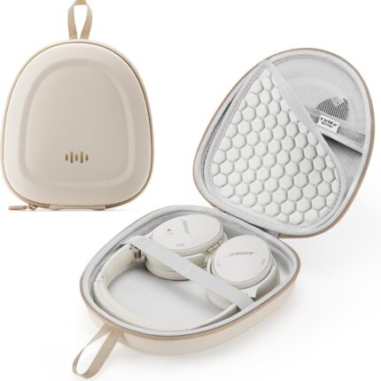 Headphone Hard Case Replacement for Bose QuietComfort Ultra QC45 QC35 QC25 QC15 QCSE Over-Ear Headphones, Super-Slim Upgrade PU Universal Portable Travel Organizer Bag (Beige)