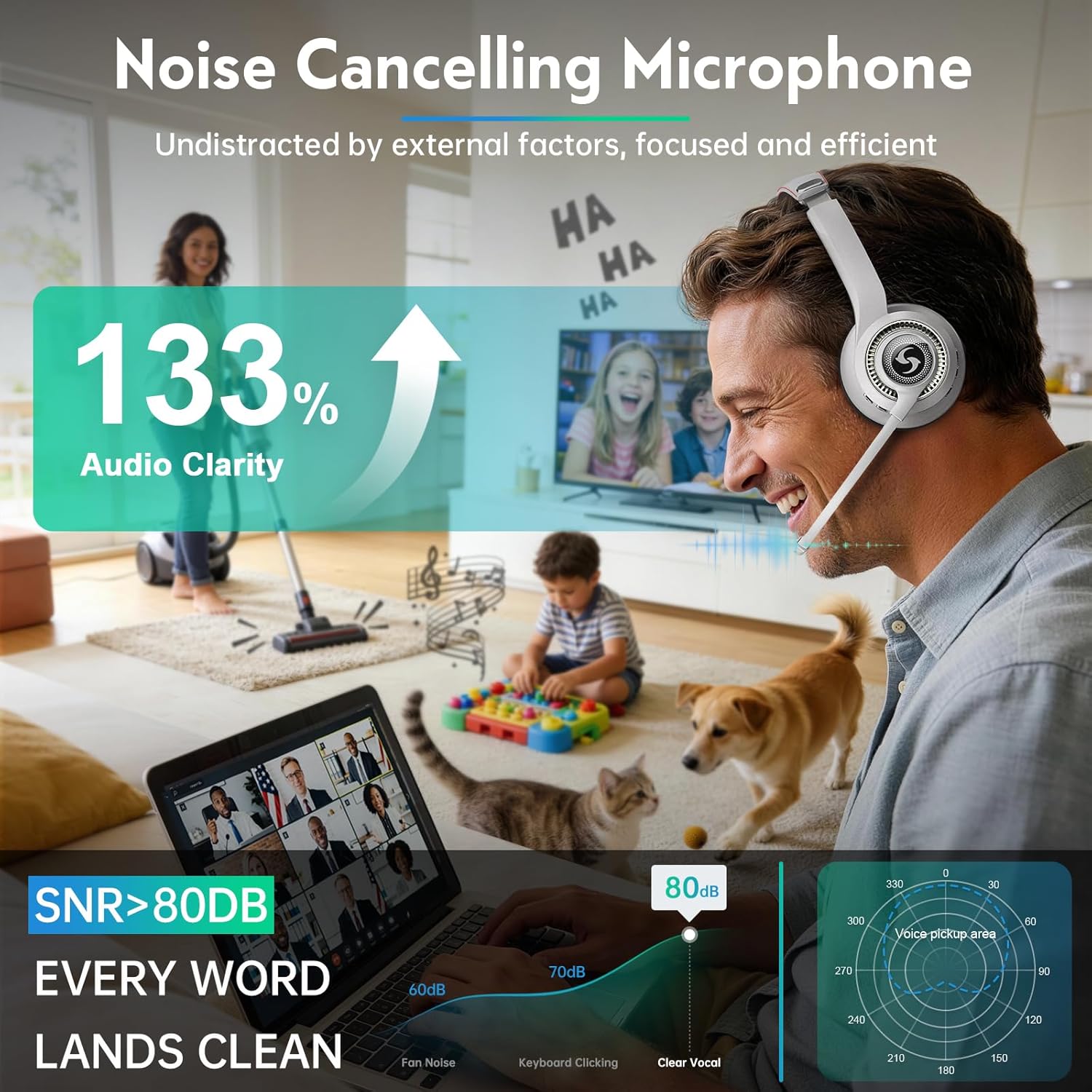 Wireless Headsets with Microphone, Wireless Headset for Cell Phones Laptop Computer, Ultra Lightweight& 50+ Playtime, On Ear Bluetooth Headphone Fit for PC/Call Center/Computer/Laptop/Teams-White - Image 5