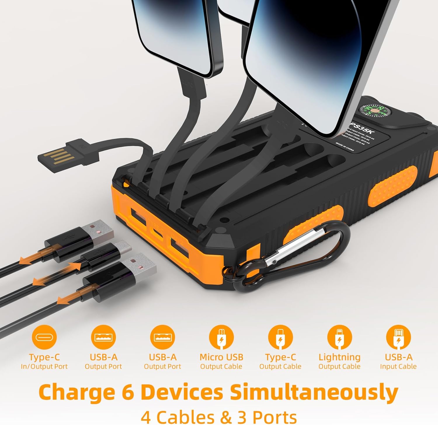 Solar Charger Power Bank 20,000mAh, Portable Charger, 4 Cables 3 Ports Fast Charging External Battery Pack with USB C for Cell Phones, Solar Panel Charger with Dual Flashlight for Camping - Image 2