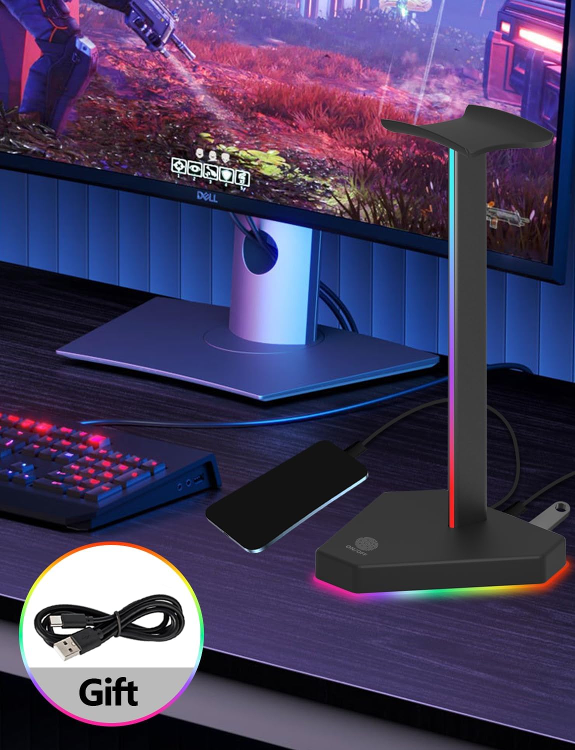 RGB Headphones Stand with 1 USB-C Data Transmission& 3 Type-C Charging Port, Desk Gaming Headset Holder with 7 Light Modes and Non-Slip Rubber Base (Black) - Image 4