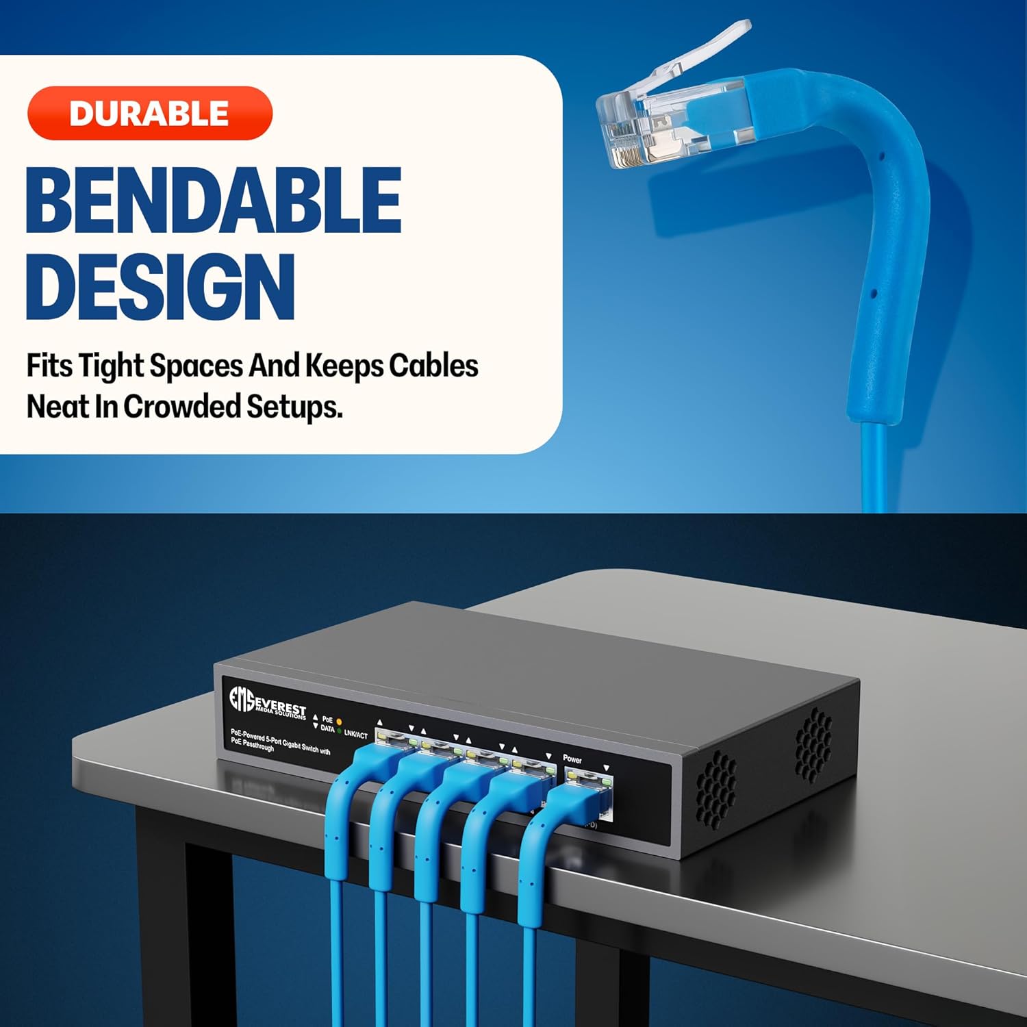Everest Ultra Slim Cat6a Ethernet Patch Cables 0.5ft (10-Pack) Blue - 6 Inch 10GB Cat 6a Patch Cable - Bendable, Flexible & Thin Ethernet Cable - 32AWG 550MHZ Cat6a Cables - 100% Copper Wires - Image 2