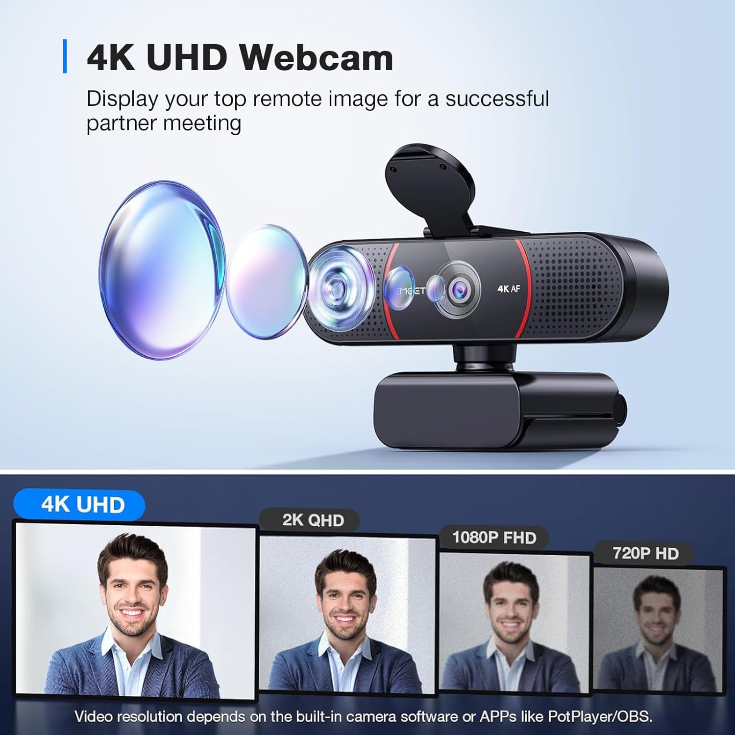 EMEET C960 4K Webcam for PC, 4K UHD Sony Sensor, PDAF Auto Focus, Dual AI Noise-Cancelling Mics, Auto Light Correction, 73° FOV, Plug&Play Webcam w/Privacy Cover, Works w/Zoom/Teams/Skype/Google Meet - Image 2