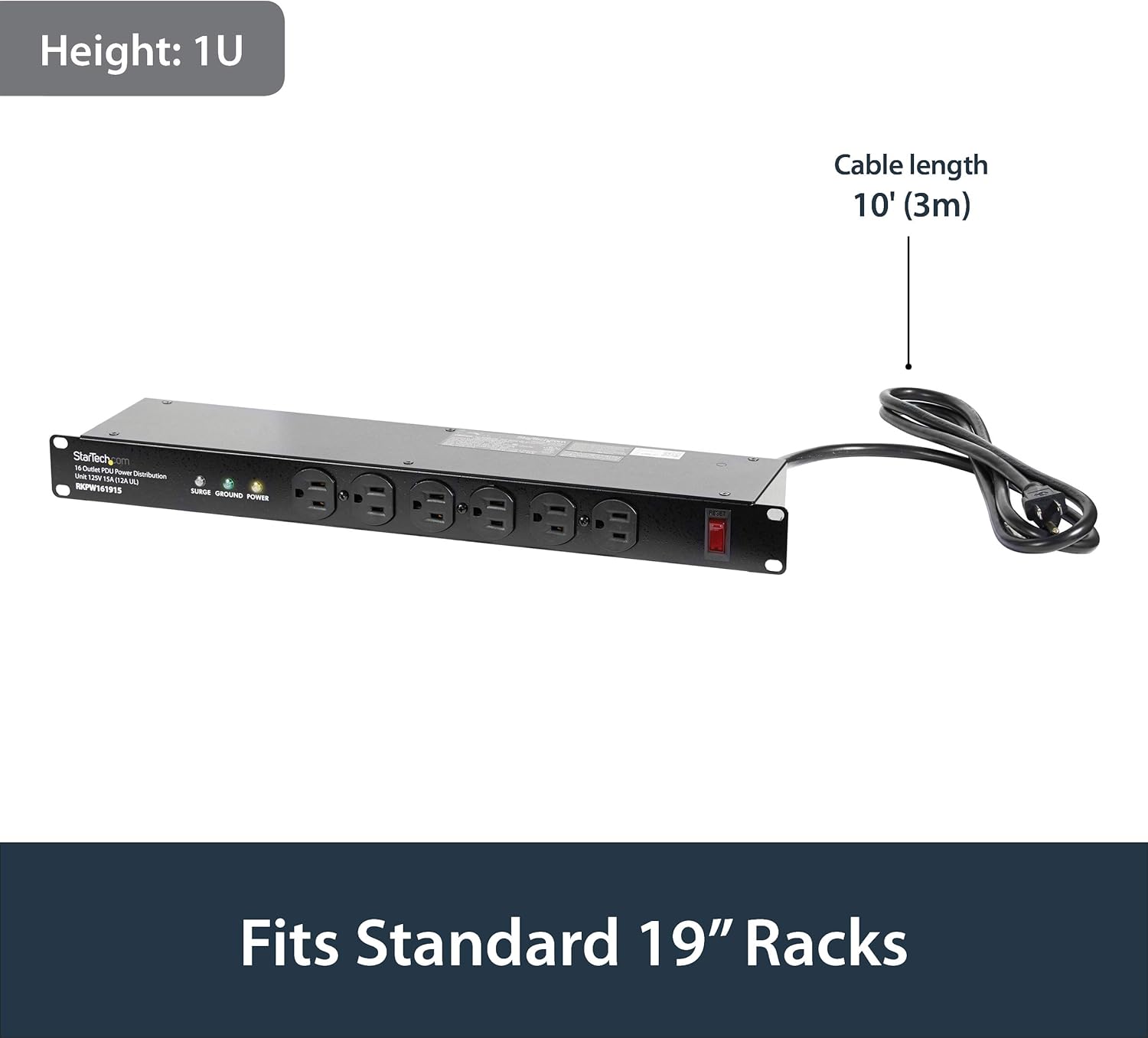 StarTech.com 16 Outlet Horizontal 1U Rack Mount PDU Power Strip for Network Server Racks - Surge Protection - 120V/15A - 6ft Power Cord (RKPW161915) - Image 2