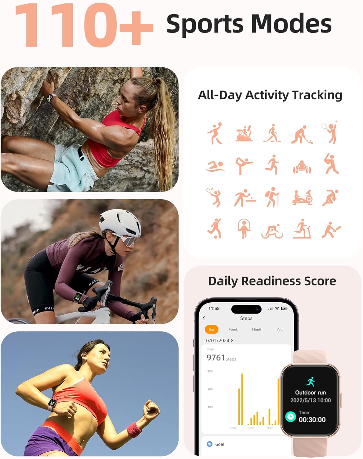 Parsonver Smart Watch, 5ATM Waterproof Swimming Watch, Fitness Activity Tracker with 110+ Sports Modes, Heart Rate/Sleep/SpO2/Calories Monitor, Pedometer, Fitness Watch for Android & iPhone, Rose Gold - Image 3