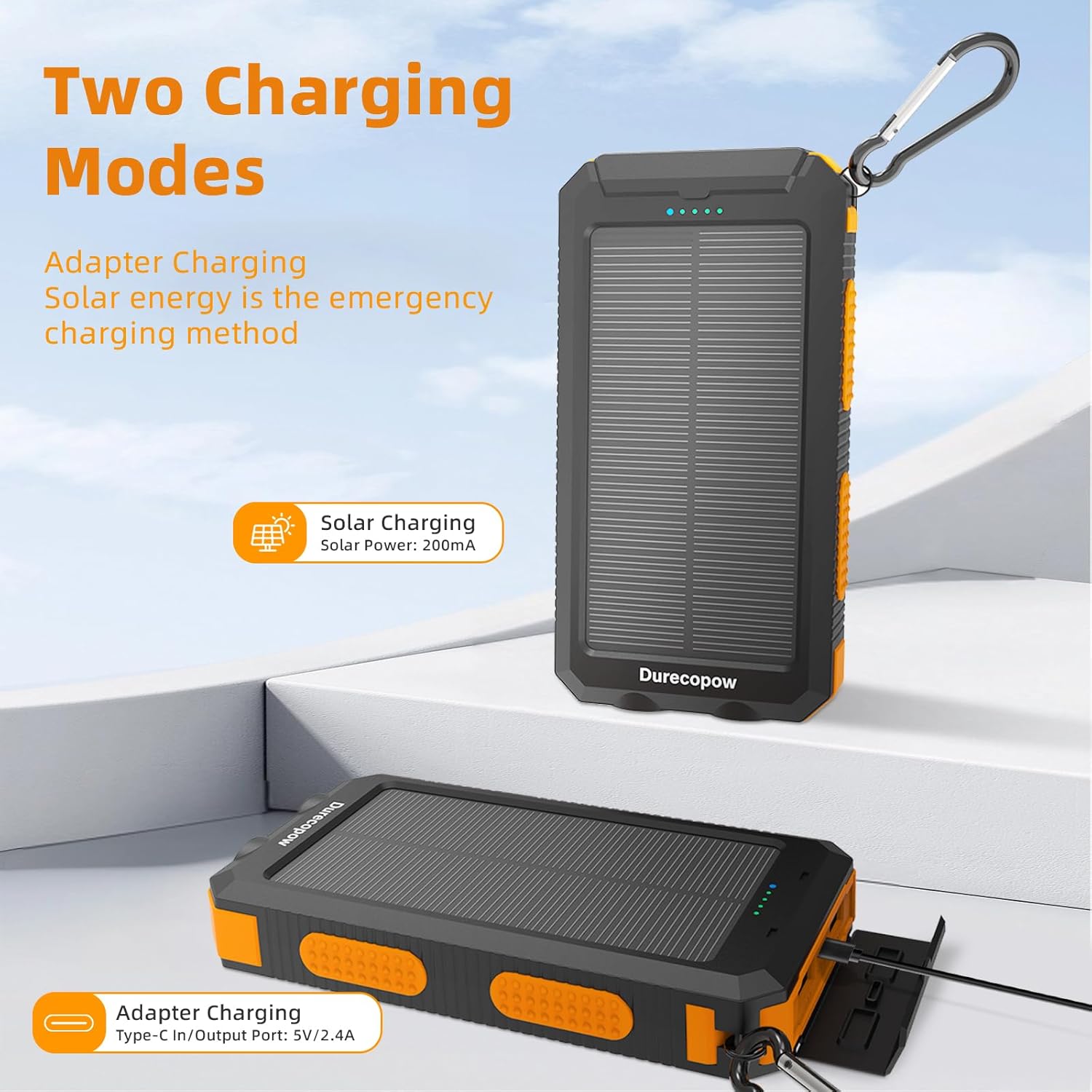 Solar Charger Power Bank 20,000mAh, Portable Charger, 4 Cables 3 Ports Fast Charging External Battery Pack with USB C for Cell Phones, Solar Panel Charger with Dual Flashlight for Camping - Image 3