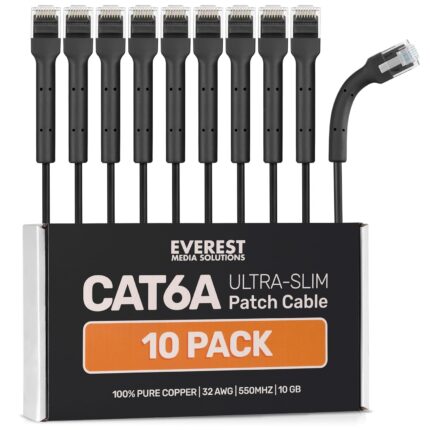 Everest Ultra Slim Cat6a Ethernet Patch Cables 0.5ft (10-Pack) Black - 6 Inch 10GB Cat 6a Patch Cable - Bendable, Flexible & Thin Ethernet Cable - 32AWG 550MHZ Cat6a Cables - 100% Copper Wires