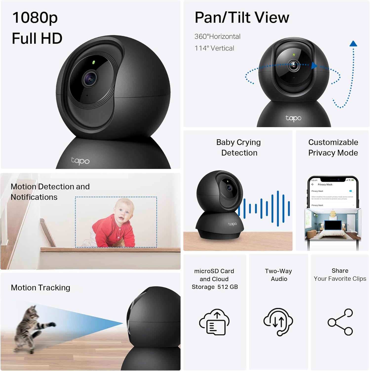 Tapo 1080P Indoor Pan/Tilt Wired Security Camera - Works as a Baby & Pet Monitor, Motion Detection, 2-Way Audio, Siren, Night Vision, Subscription-Free Local Storage or Optional Cloud, Black, C201 - Image 2