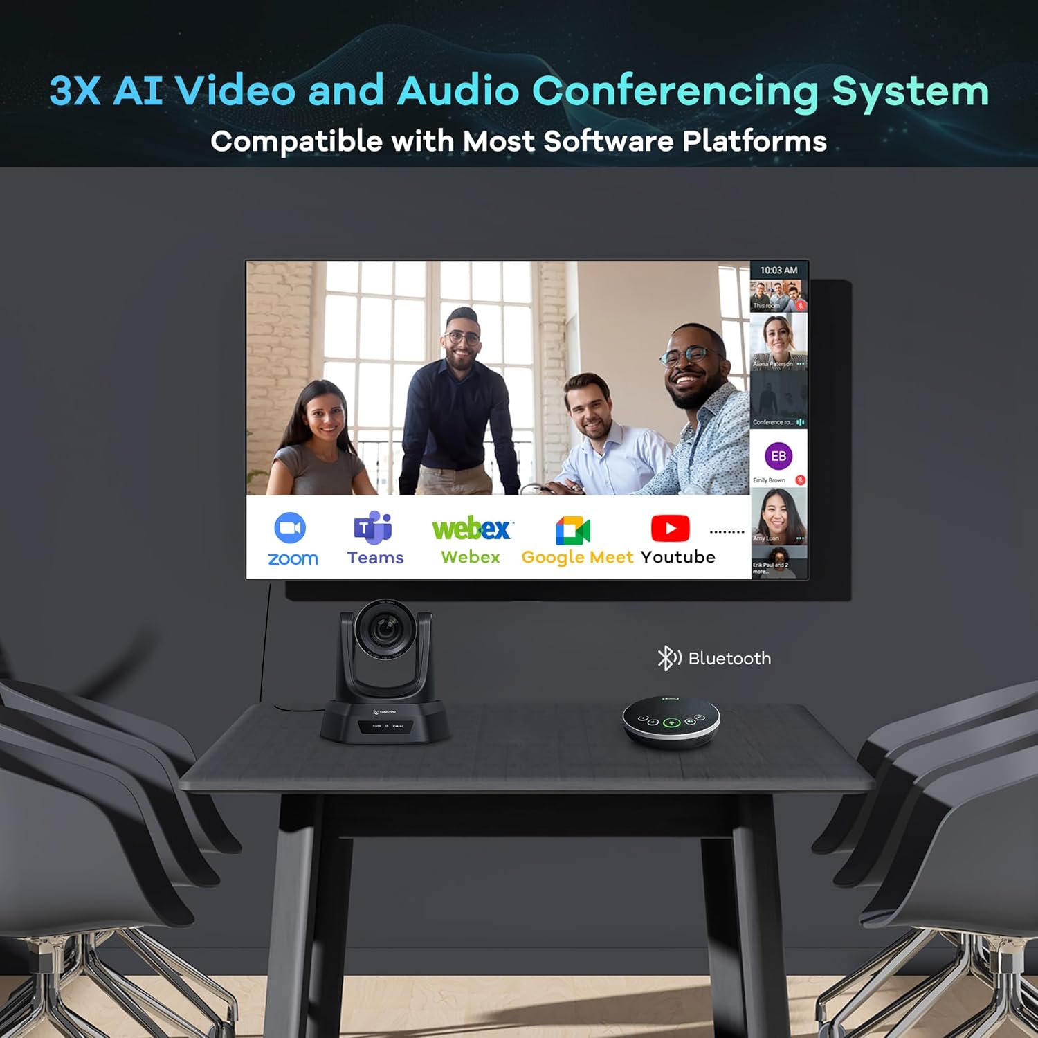 TONGVEO AI Auto-Tracking PTZ Conference Camera System with Bluetooth Microphones, 3X Optical Zoom USB3.0 1080P 60fps, 93° Wide-Angle All-in-One Video Conference Solution for Church & Office - Image 8