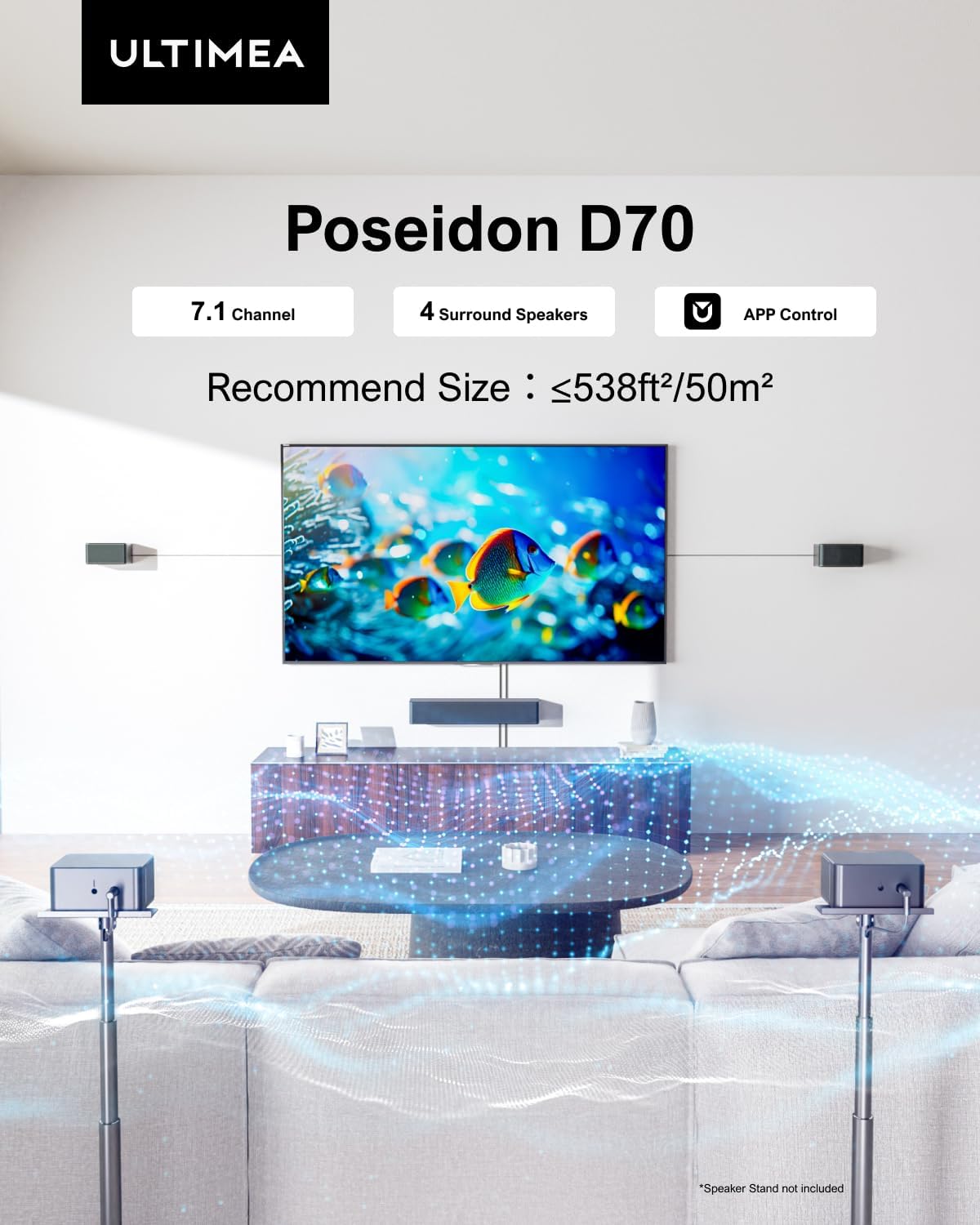 ULTIMEA 7.1ch Soundbar with Wireless Subwoofer, Virtual Surround Sound System for TV, App Control, 410W Peak Power, Sound bar for TV, 4 Wired Surround Speakers, Home Theater Sound System Poseidon D70 - Image 2