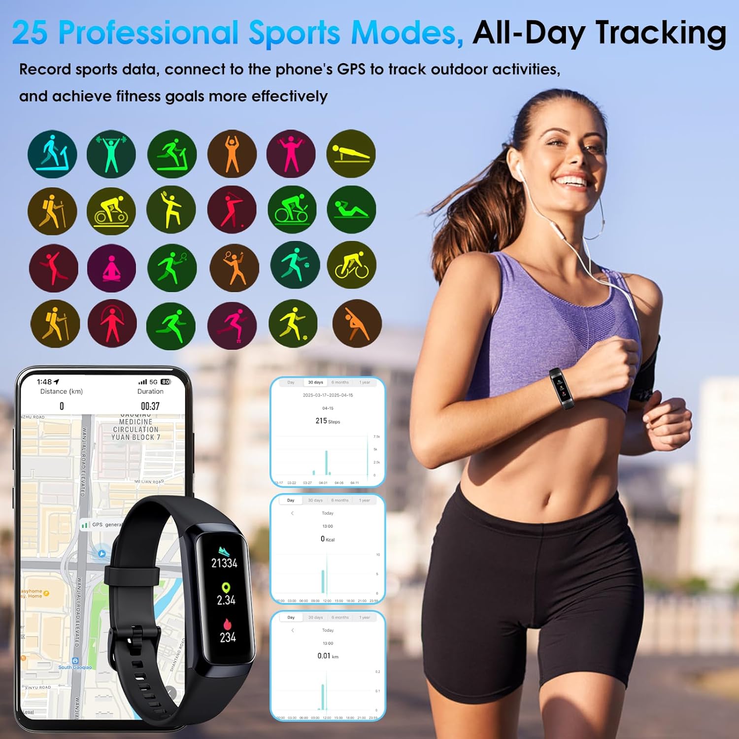Fitness Tracker, 24/7 Heart Rate Blood Oxygen Blood Pressure Body Temp Monitor Sleep Calorie Tracker with 1.1" AMOLED Touch Color Screen Pedometer Smart Watch Waterproof for Women Men - Image 4