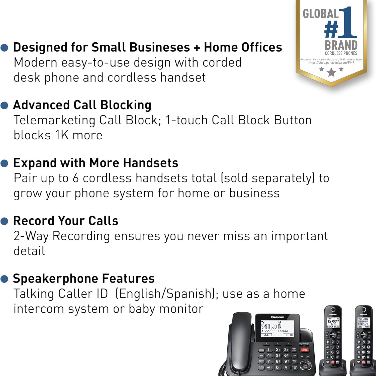 Panasonic Corded Phone/Cordless Phone with Answering Machine, Advanced Call Block and 2-Way Recording, 2 Handsets Expandable up to 6 Cordless Handsets - KX-TGF852B (Black) - Image 2