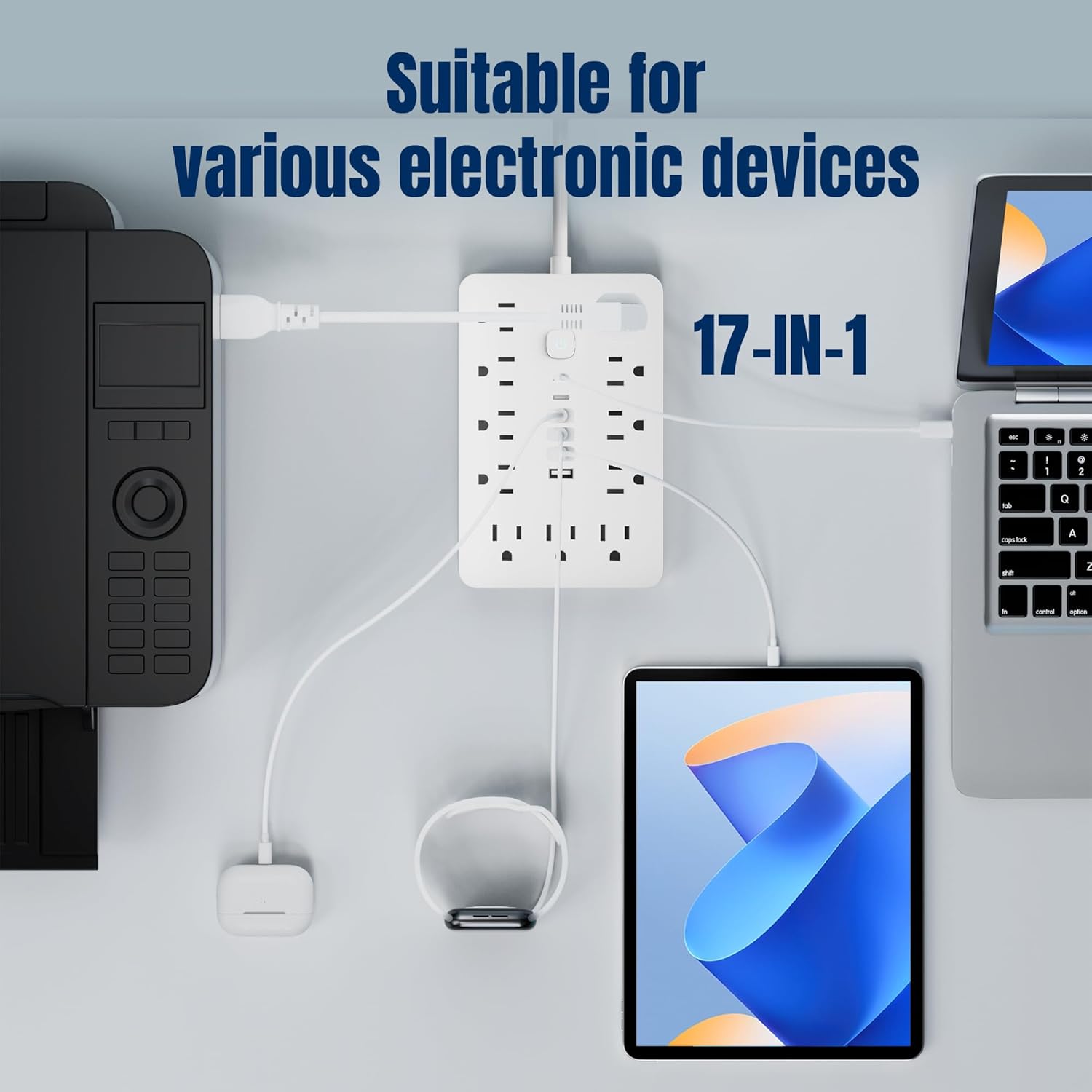 6 FT Flat Plug Surge Protector Power Strip,11 Multiple AC Outlets with 6 USB Ports (2 USB C), 6 Feet Extension Cord, 1250W/10A, One Touch Switch Button, 17 in 1 Compact powerstrip-White - Image 7