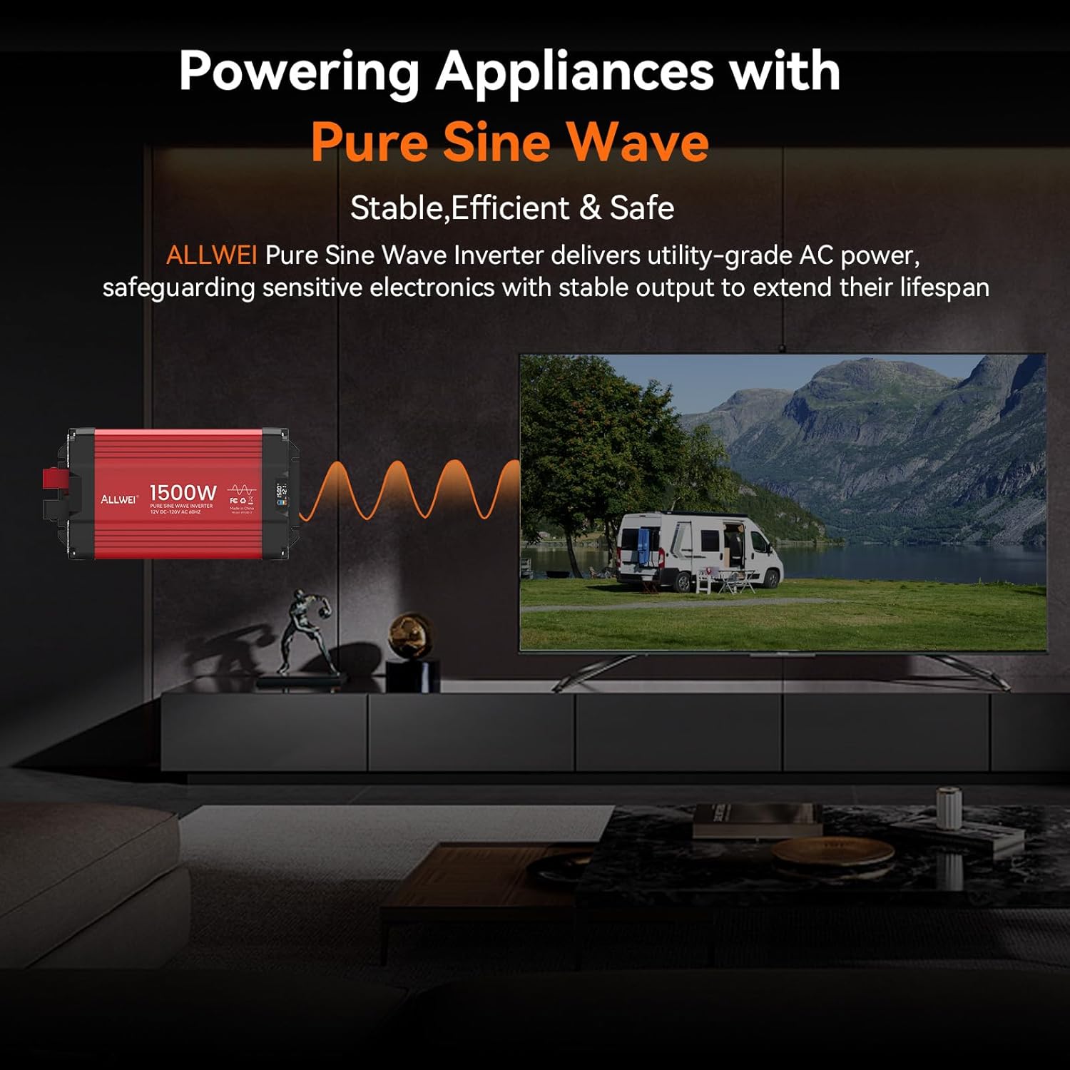 ALLWEI 1500W Pure Sine Wave Inverter 12V DC to 110V/120V AC Converter, Surge 3000W | Power Inverters Vehicles with 2 AC Outlets, RV Truck Boat Home Outdoor & Off-Grid Solar Inverter, Smart LCD Display - Image 3