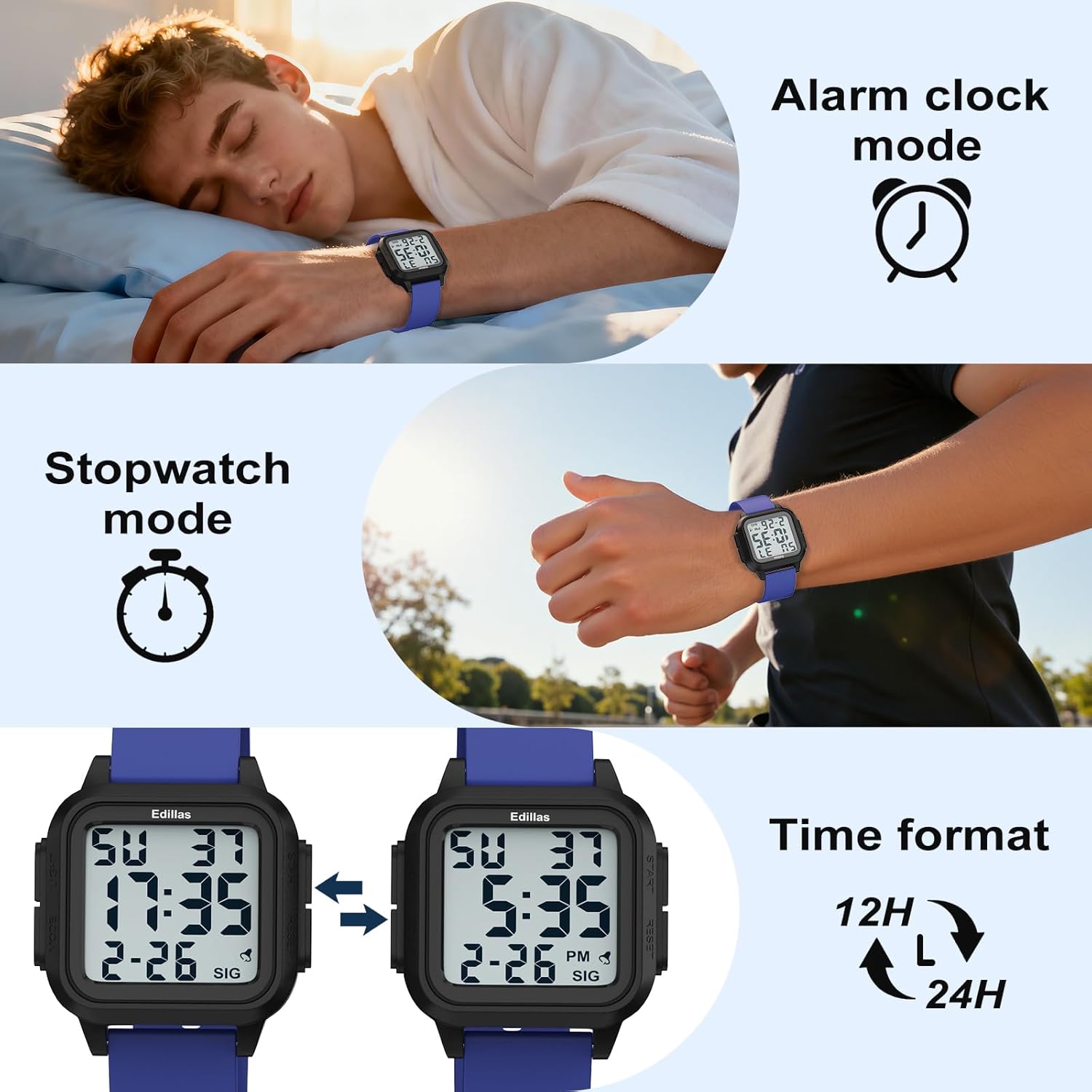 Edillas Square Sport Watch Digital for Women's Men's (Big Numbers Large Face 5ATM Waterproof Alarm Stopwatch Date Week Military Back Light) Watch for Teenagers - Image 6