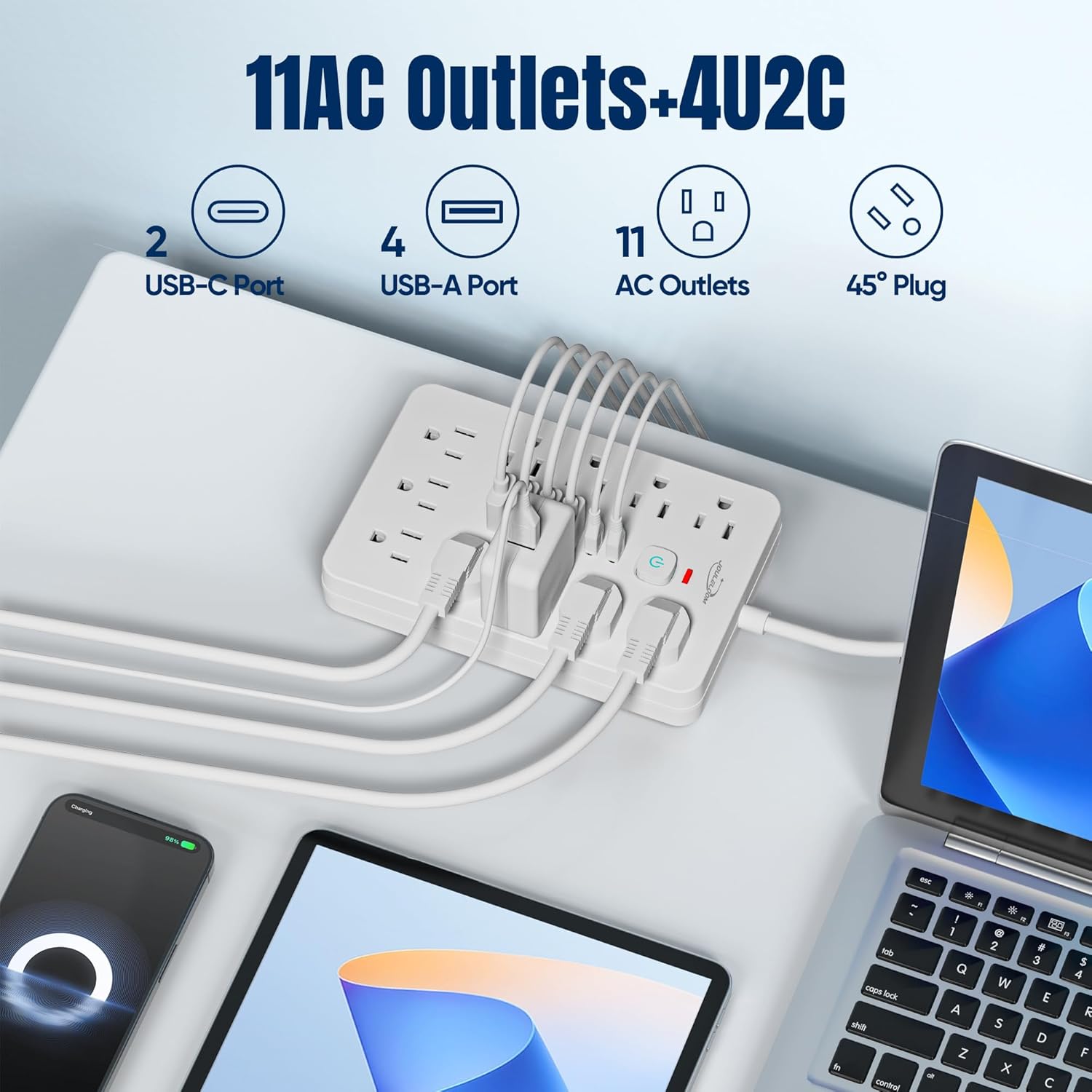 6 FT Flat Plug Surge Protector Power Strip,11 Multiple AC Outlets with 6 USB Ports (2 USB C), 6 Feet Extension Cord, 1250W/10A, One Touch Switch Button, 17 in 1 Compact powerstrip-White - Image 2