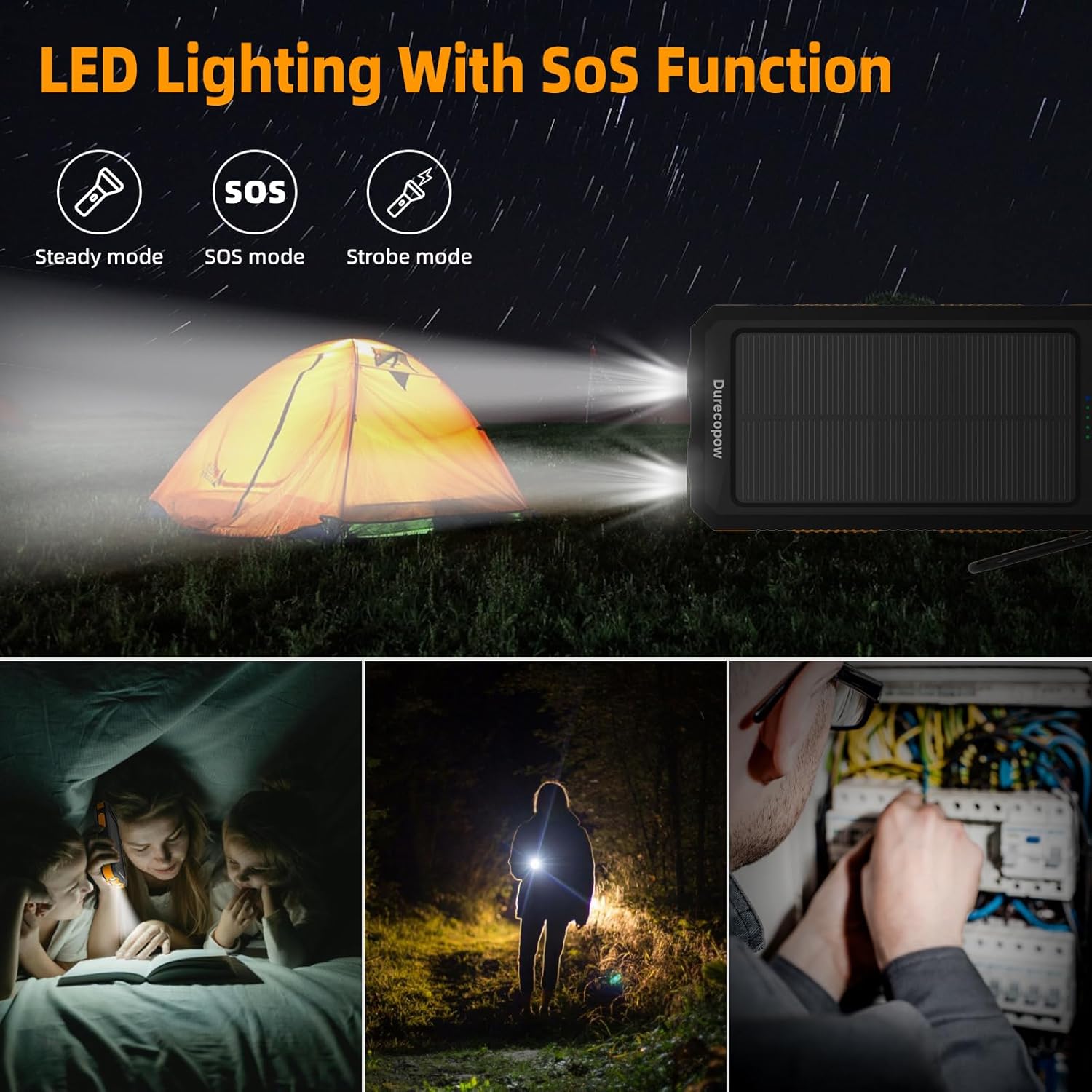 Solar Charger Power Bank 20,000mAh, Portable Charger, 4 Cables 3 Ports Fast Charging External Battery Pack with USB C for Cell Phones, Solar Panel Charger with Dual Flashlight for Camping - Image 5