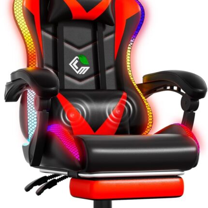 Gaming Chair, Racing Style RGB LED Lights Gaming Chairs for Adults and Kids, Lumbar Massager Gamer Chair, High Back Reclining Computer Chair with Footrest and Headrest (Black/Red)