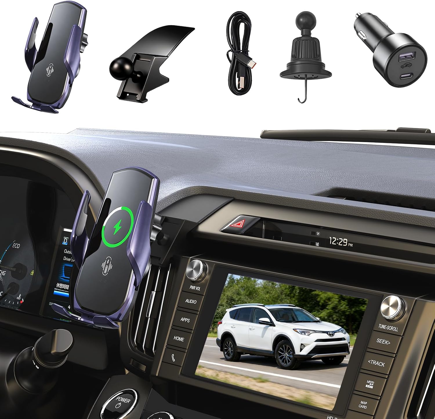 Car Phone Mount for Toyota RAV4 2013–2019, 15W Wireless Fast Charging Auto-Clamping Center Console Phone Holder, One-Hand Operation, Hands-Free, 360° Adjustable, Without Blocking Airflow