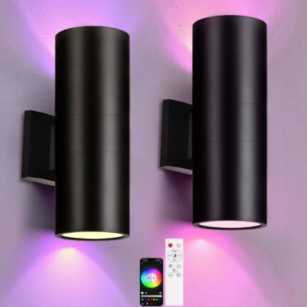 RGB Outdoor Wall Light Fixtures, Smart Cylinder Exterior Lighting Fixtures Wall Mount, Color Changing Up Down Wall Sconce, LED Outdoor Porch Lights for House Front Door Garage