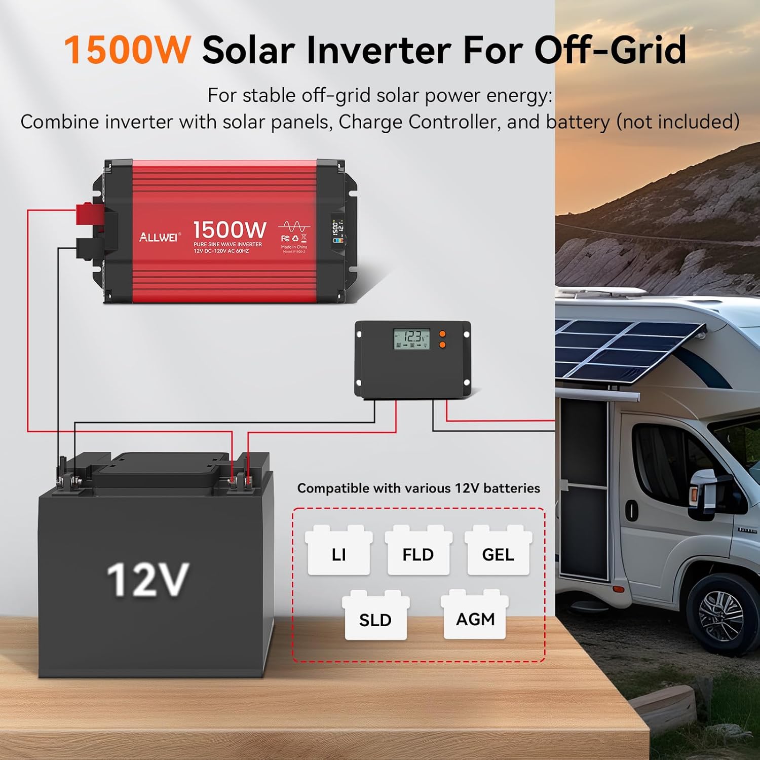 ALLWEI 1500W Pure Sine Wave Inverter 12V DC to 110V/120V AC Converter, Surge 3000W | Power Inverters Vehicles with 2 AC Outlets, RV Truck Boat Home Outdoor & Off-Grid Solar Inverter, Smart LCD Display - Image 5