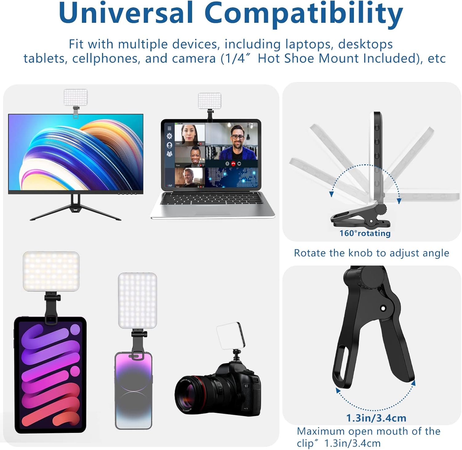 ALTSON 60 LED Portable Selfie Light Video Conference Lighting with Clip & Camera Tripod Adapter Rechargeable 2200mAh CRI 97+, 3 Light Modes for Phone iPhone Webcam Laptop Photo Makeup - Image 2