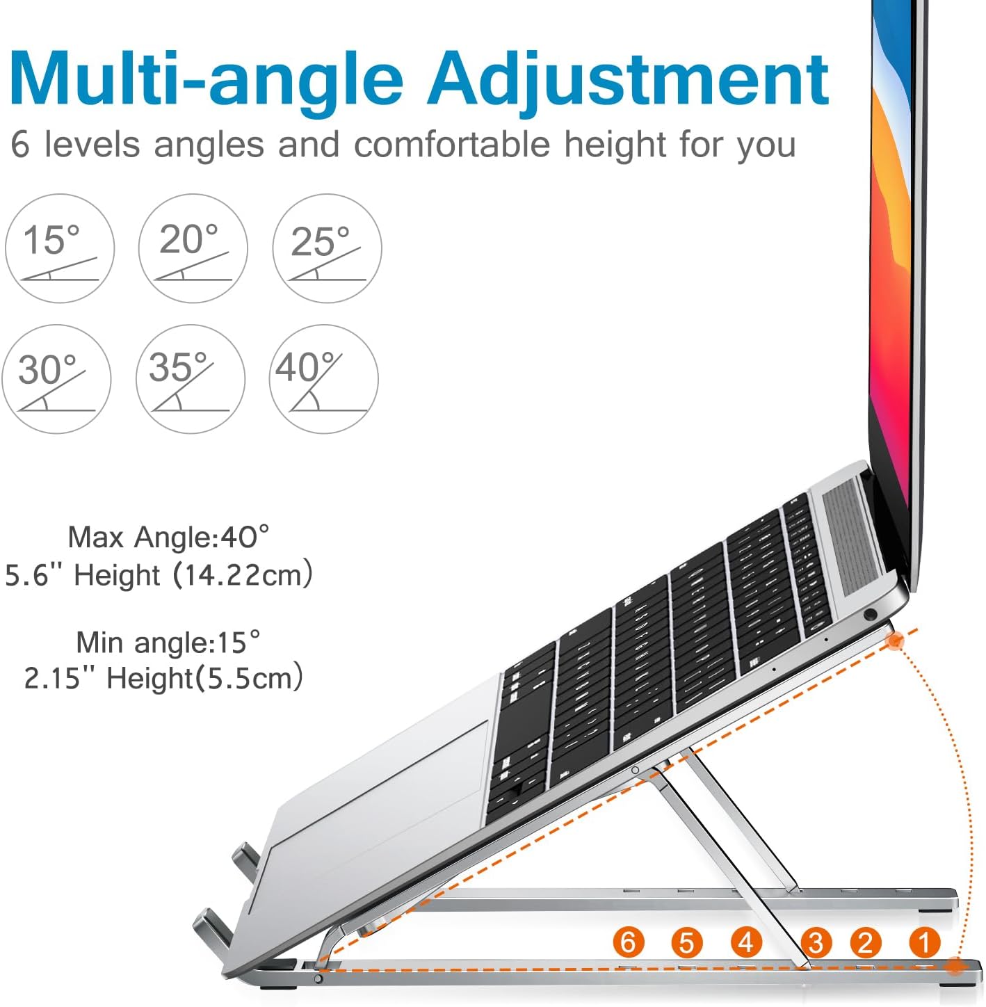 ivoler Laptop Stand, Laptop Holder Riser Computer Tablet Stand, 6 Angles Adjustable Aluminum Ergonomic Foldable Portable Desktop Holder Compatible with 10-15.6” MacBook,iPad, HP, Dell, Lenovo Silver - Image 4