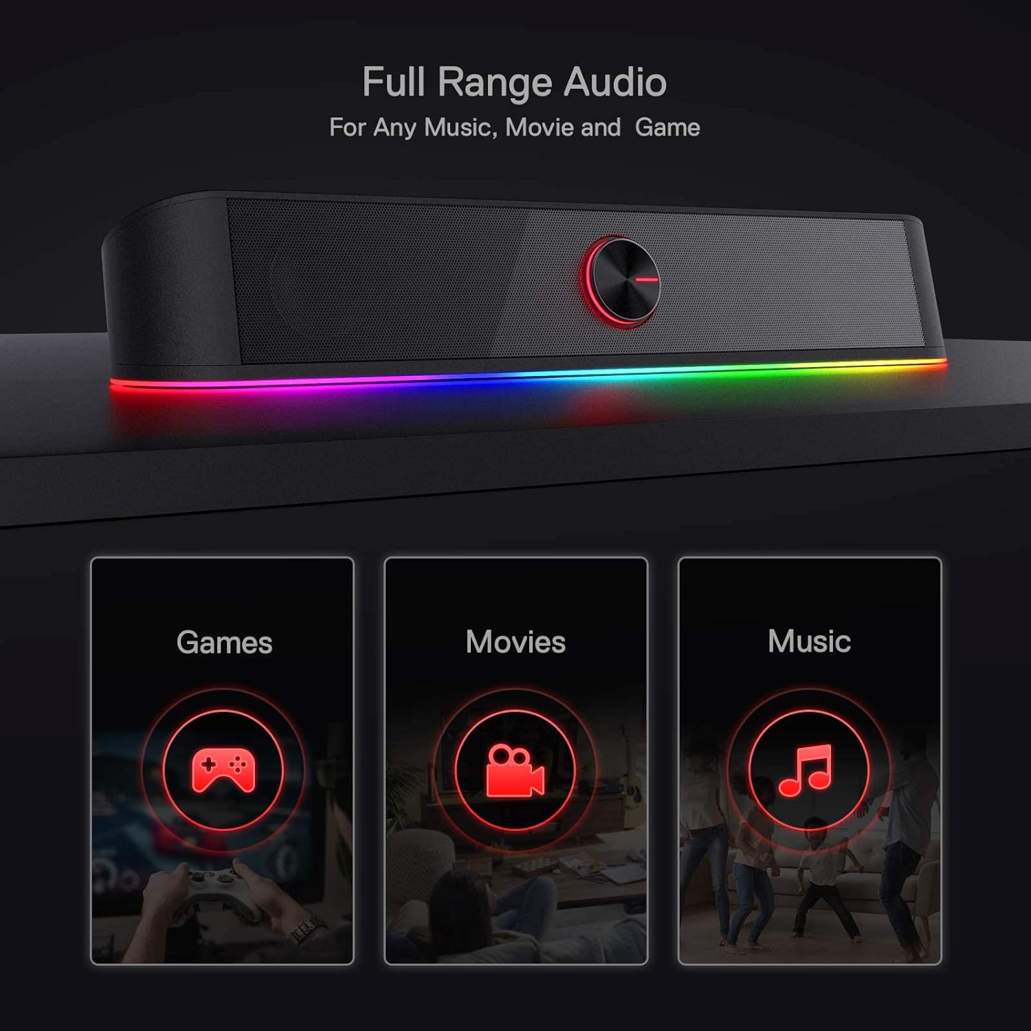 Redragon GS560 RGB Desktop Soundbar, 2.0 Channel Computer Speaker with Dynamic Lighting Bar Audio-Light Sync/Display, Touch-Control Backlit with Volume Knob, USB Powered w/ 3.5mm Cable, Black - Image 3