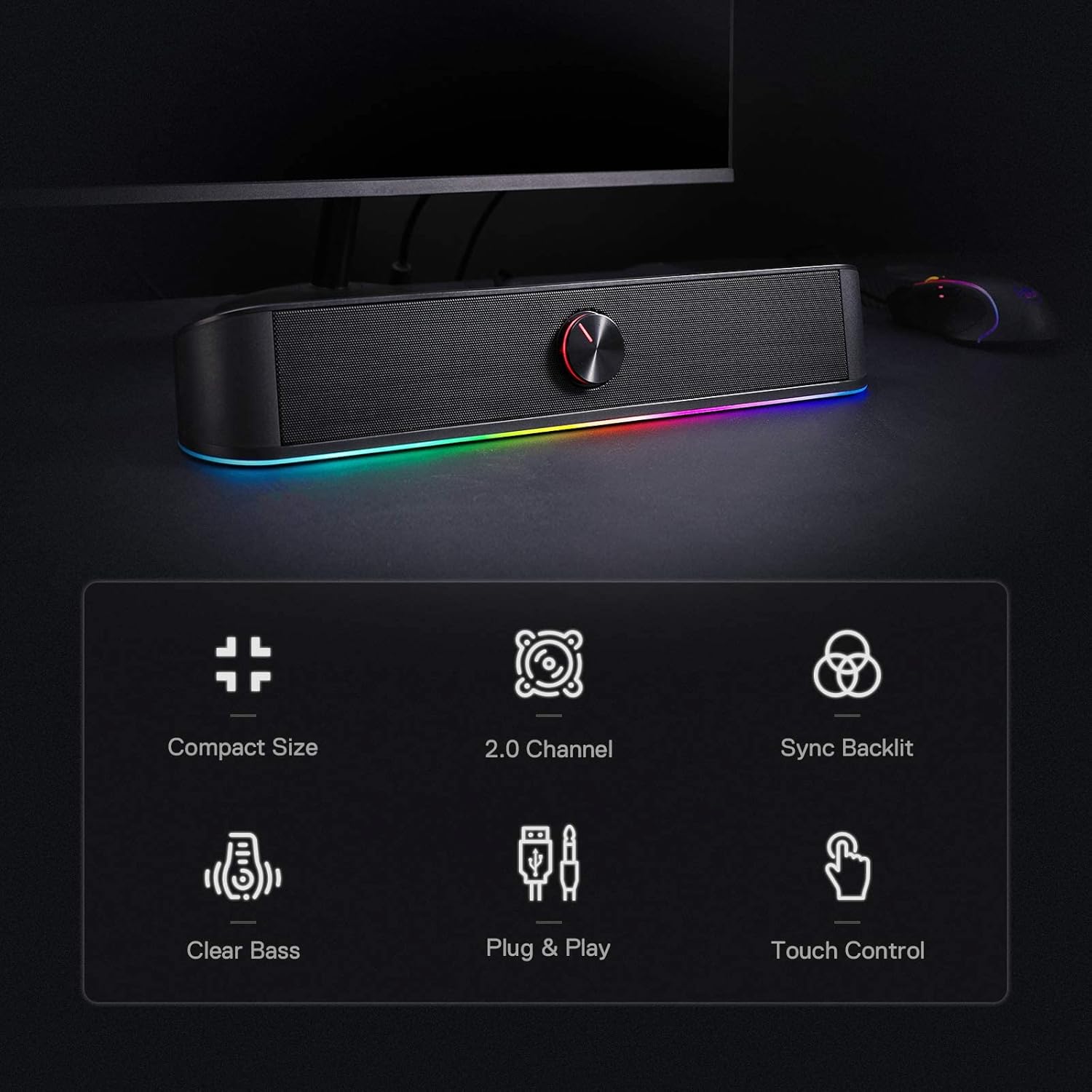 Redragon GS560 RGB Desktop Soundbar, 2.0 Channel Computer Speaker with Dynamic Lighting Bar Audio-Light Sync/Display, Touch-Control Backlit with Volume Knob, USB Powered w/ 3.5mm Cable, Black - Image 6