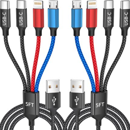 Dual Type-C 4 in 1 Multi Charging Cable for Multiple Devices with 2 USB-C/IP/Micro Port, USB Cable iPhone Charger Cord, Travel Car Charger Cord for iPhone17-8, Galaxy 25 Android iPad, More, 2Pack 5FT
