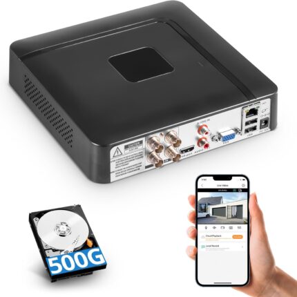 Fuers 5MP 4 Channel DVR with 500G HDD for Home Security Camera System with AI Human Detection, Hybrid 6-in-1(CVBS/XVI,AHD,TVI,CVI,IP) Surveillance CCTV DVR Recorder, Remote Access, Email Alarm