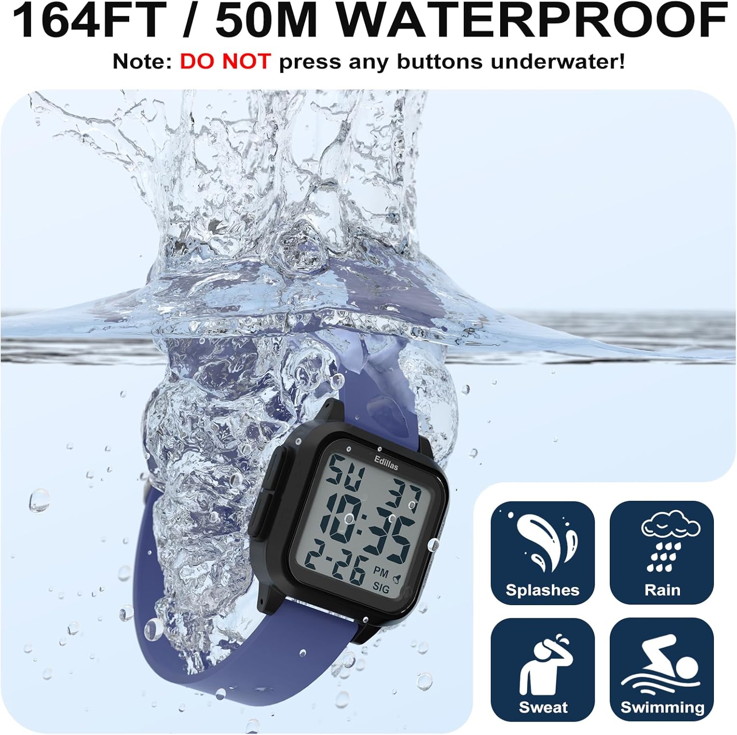 Edillas Square Sport Watch Digital for Women's Men's (Big Numbers Large Face 5ATM Waterproof Alarm Stopwatch Date Week Military Back Light) Watch for Teenagers - Image 4