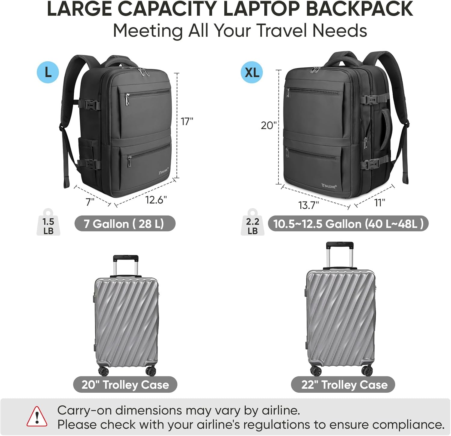 BALEINE Travel Backpack for Women Men, Large Sturdy Carry On Laptop Backpack Gifts for Business, Casual, Weekender, Hiking (Large, Black) - Image 4